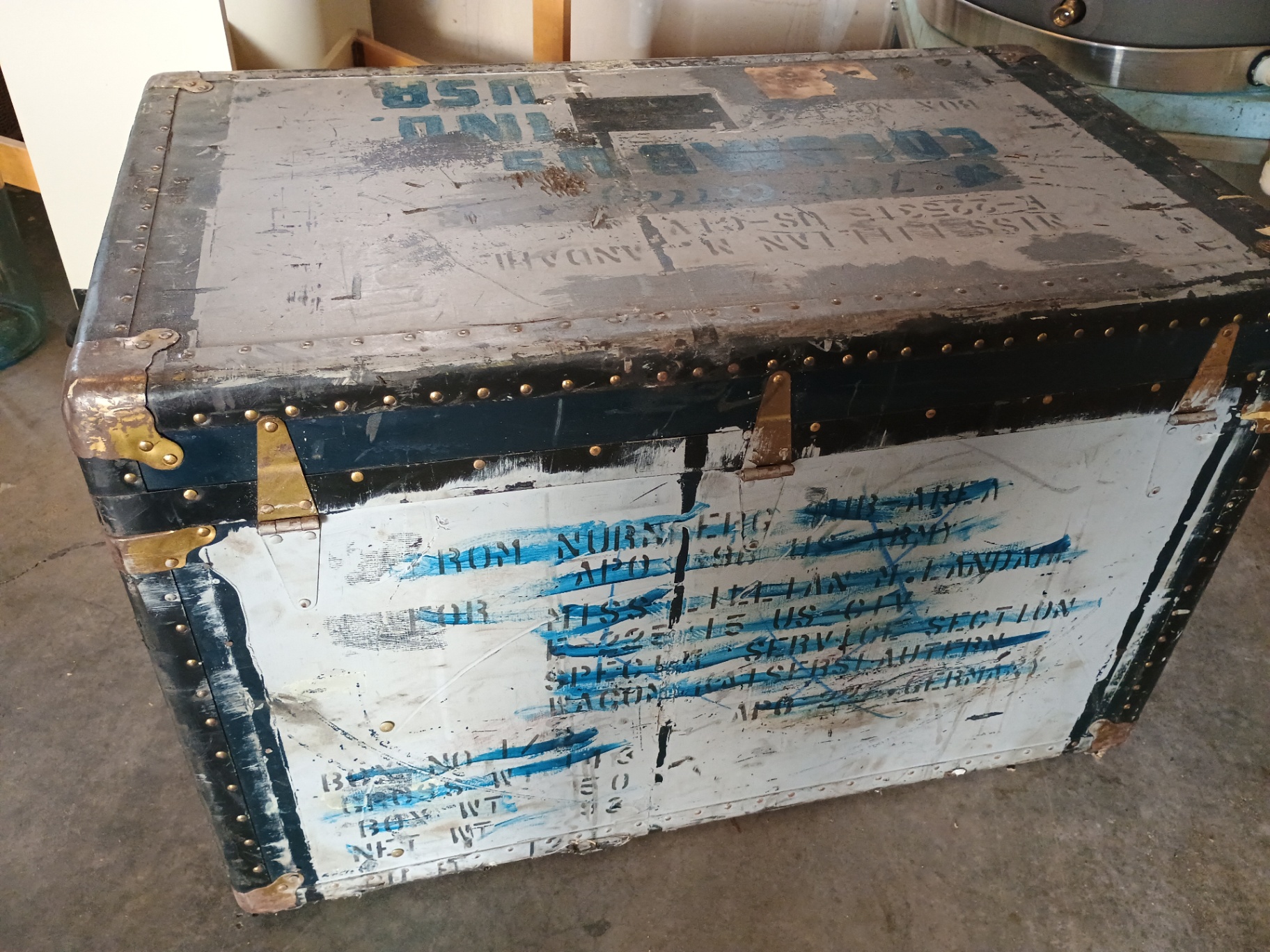 Vintage riveted metal trunk with blue stenciled markings - image 6 of 7