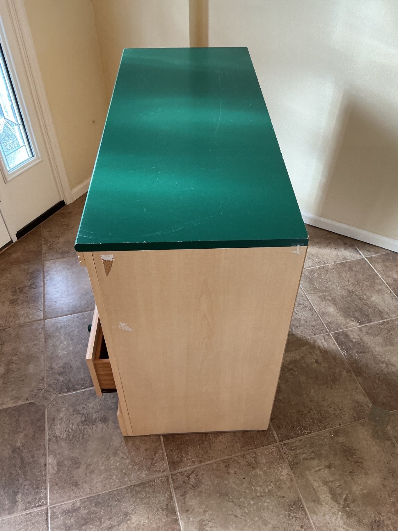 Wood desk with painted green top and multi-drawer storage. - image 3 of 5