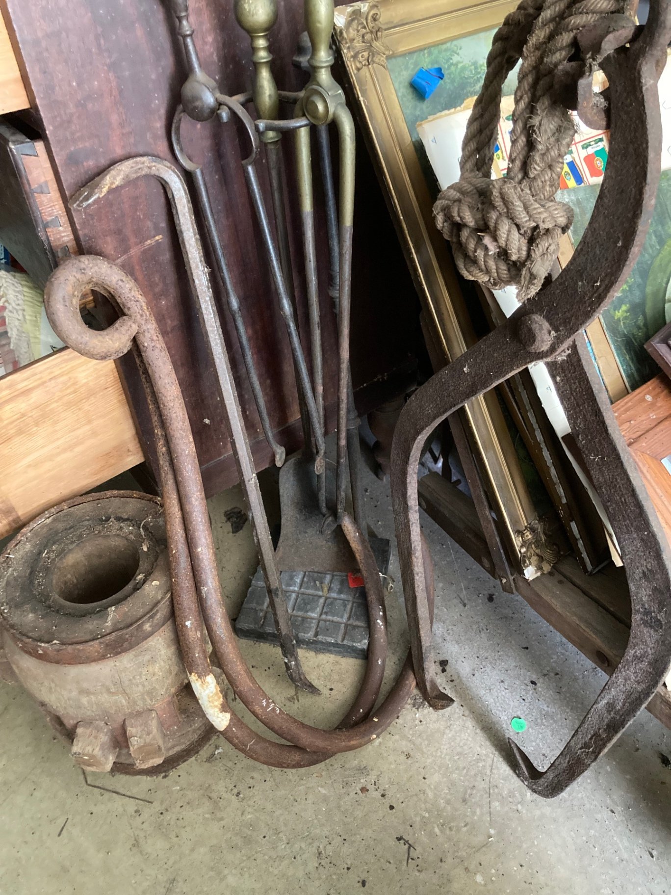 Antique fireplace tools and iron hardware with wooden container - image 1 of 10