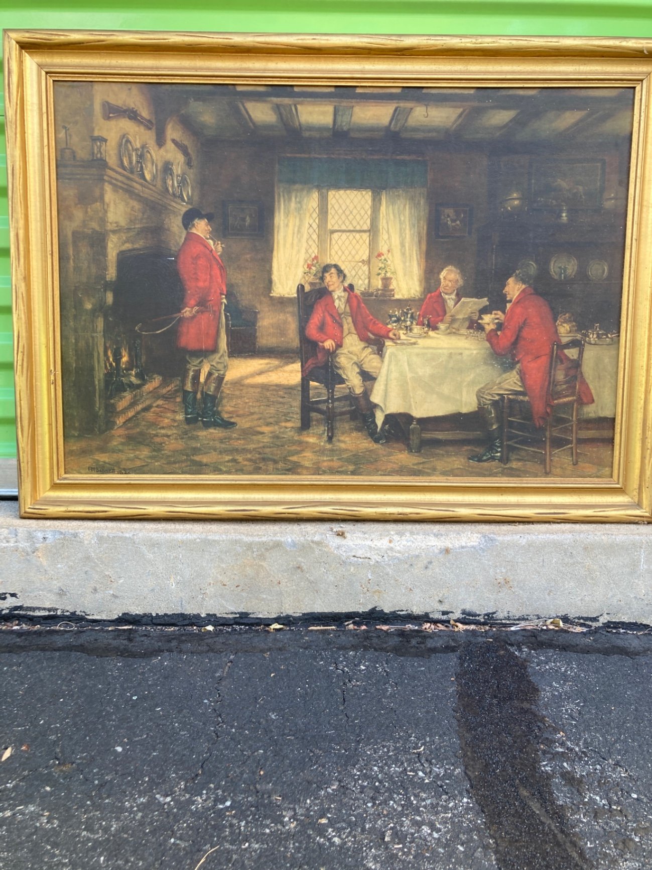 Framed oil painting of three men at a dining table - image 1 of 8