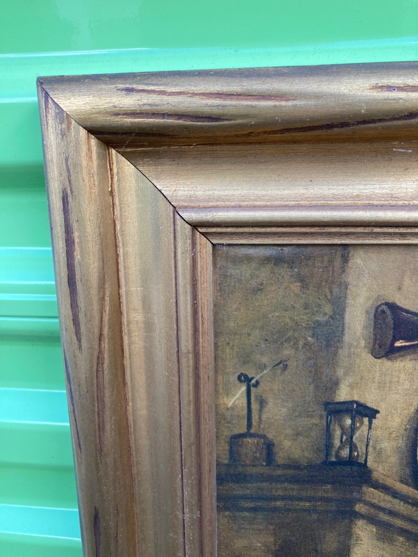 Framed oil painting of three men at a dining table - image 6 of 8
