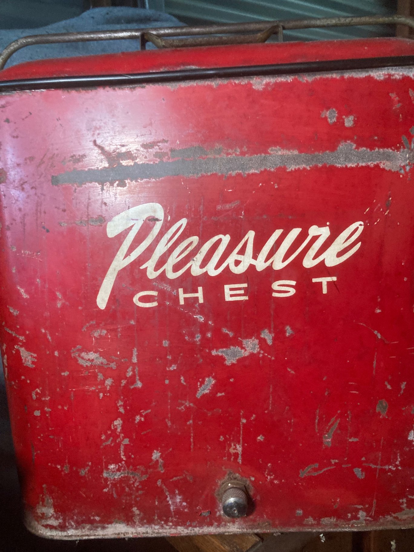 Vintage red Pleasure Chest, plaid umbrella, and floral table cover assortment - image 11 of 13