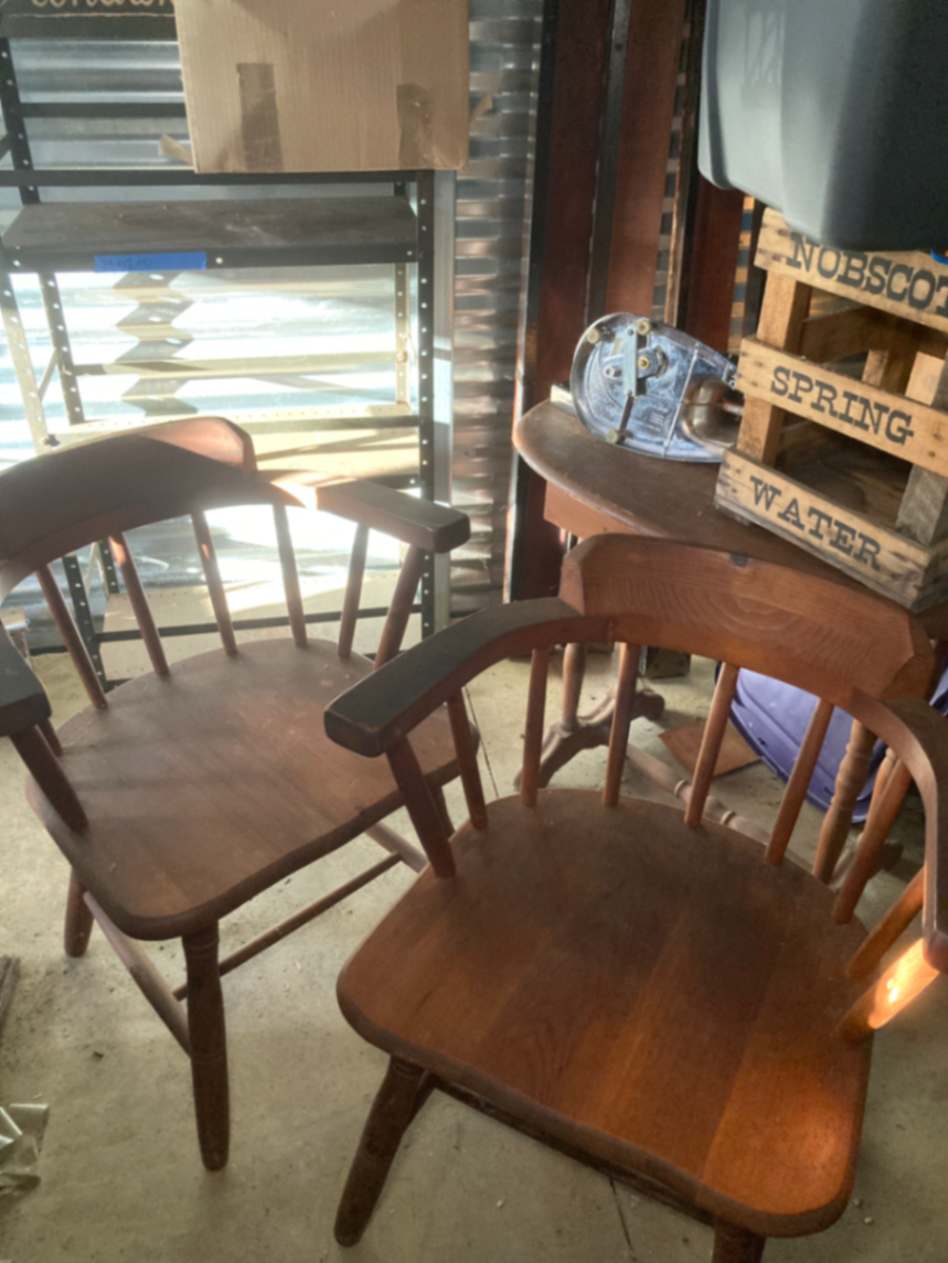 Four total (2 pictured) vintage wooden armchairs and a wooden high chair - image 1 of 4