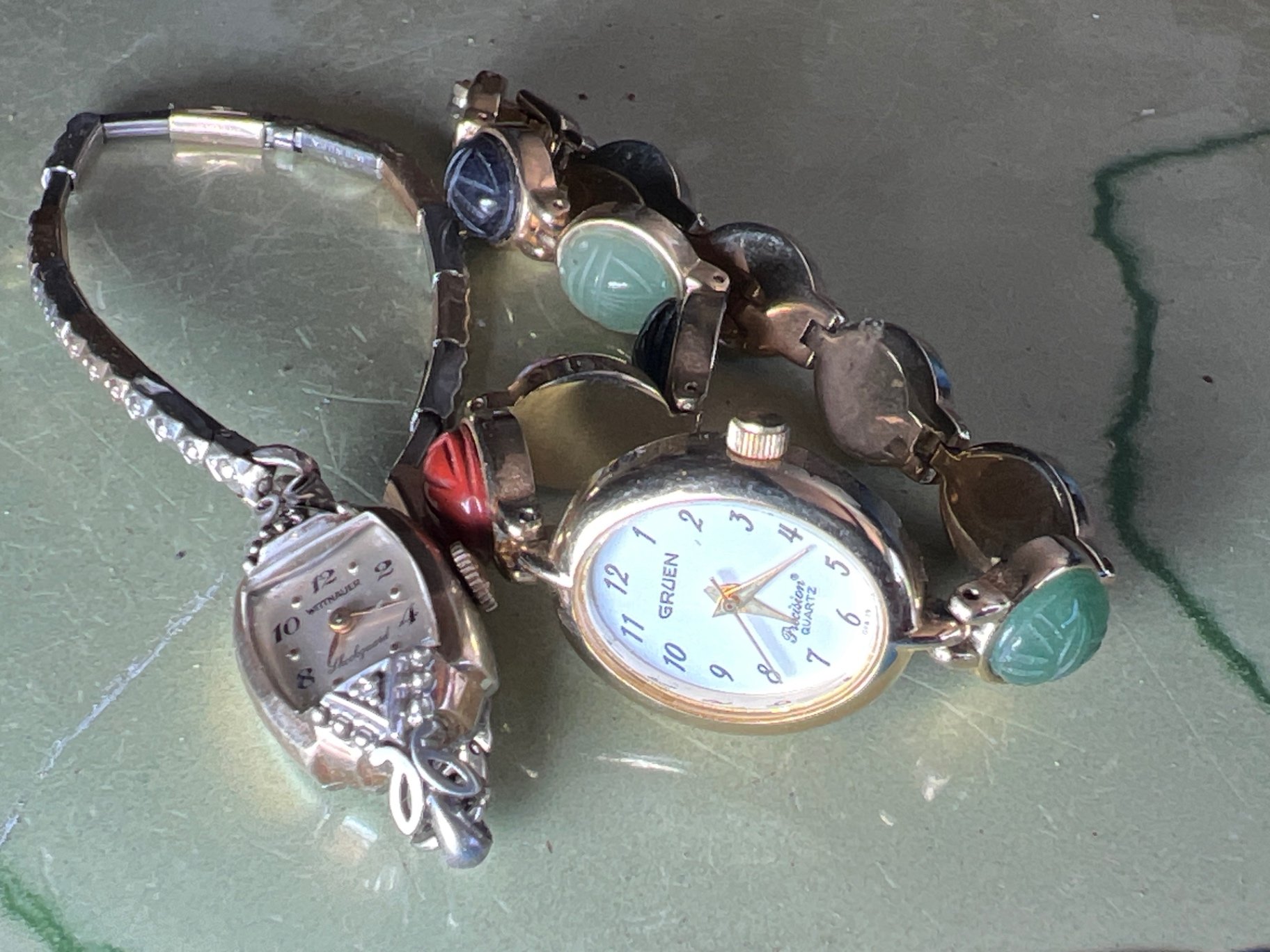 Vintage enamel-stone bracelet watch set with Gruen quartz and Wittnauer pendant - image 1 of 7