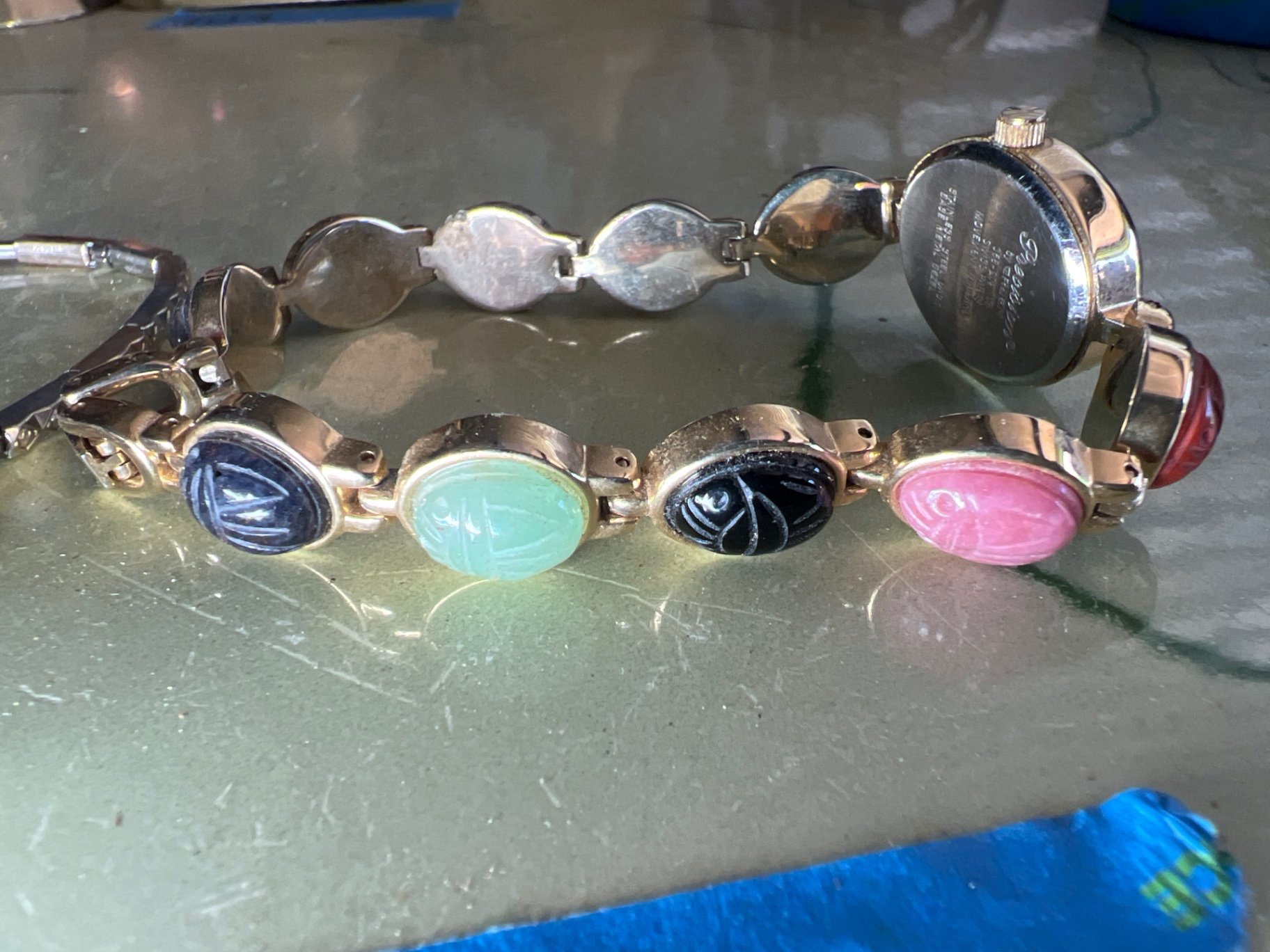 Vintage enamel-stone bracelet watch set with Gruen quartz and Wittnauer pendant - image 2 of 7