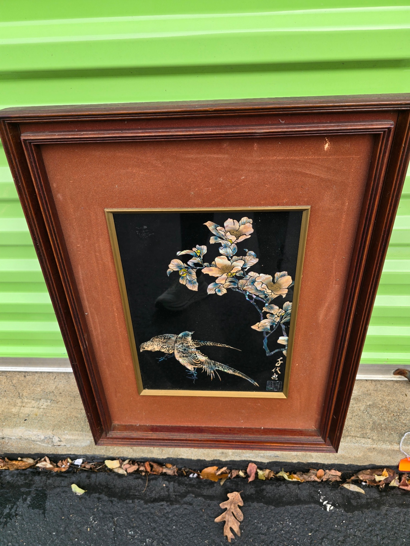 Framed Asian-style bird and blossom inlay art - image 1 of 10