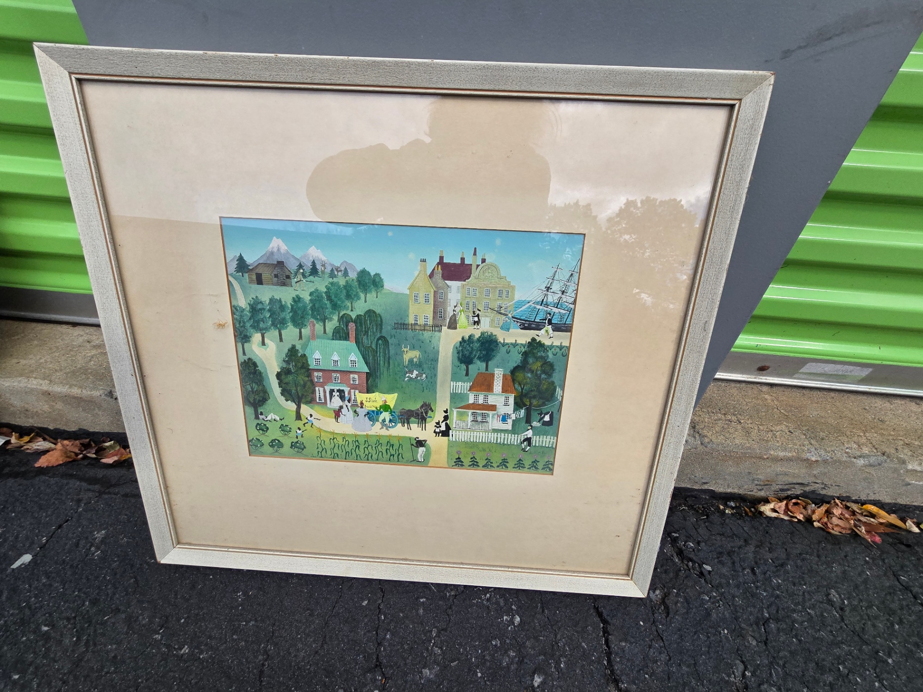 Framed color print of village and harbor scene - image 1 of 8
