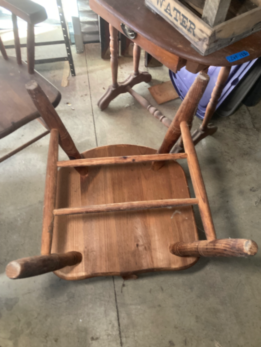 Four total (2 pictured) vintage wooden armchairs and a wooden high chair - image 4 of 4