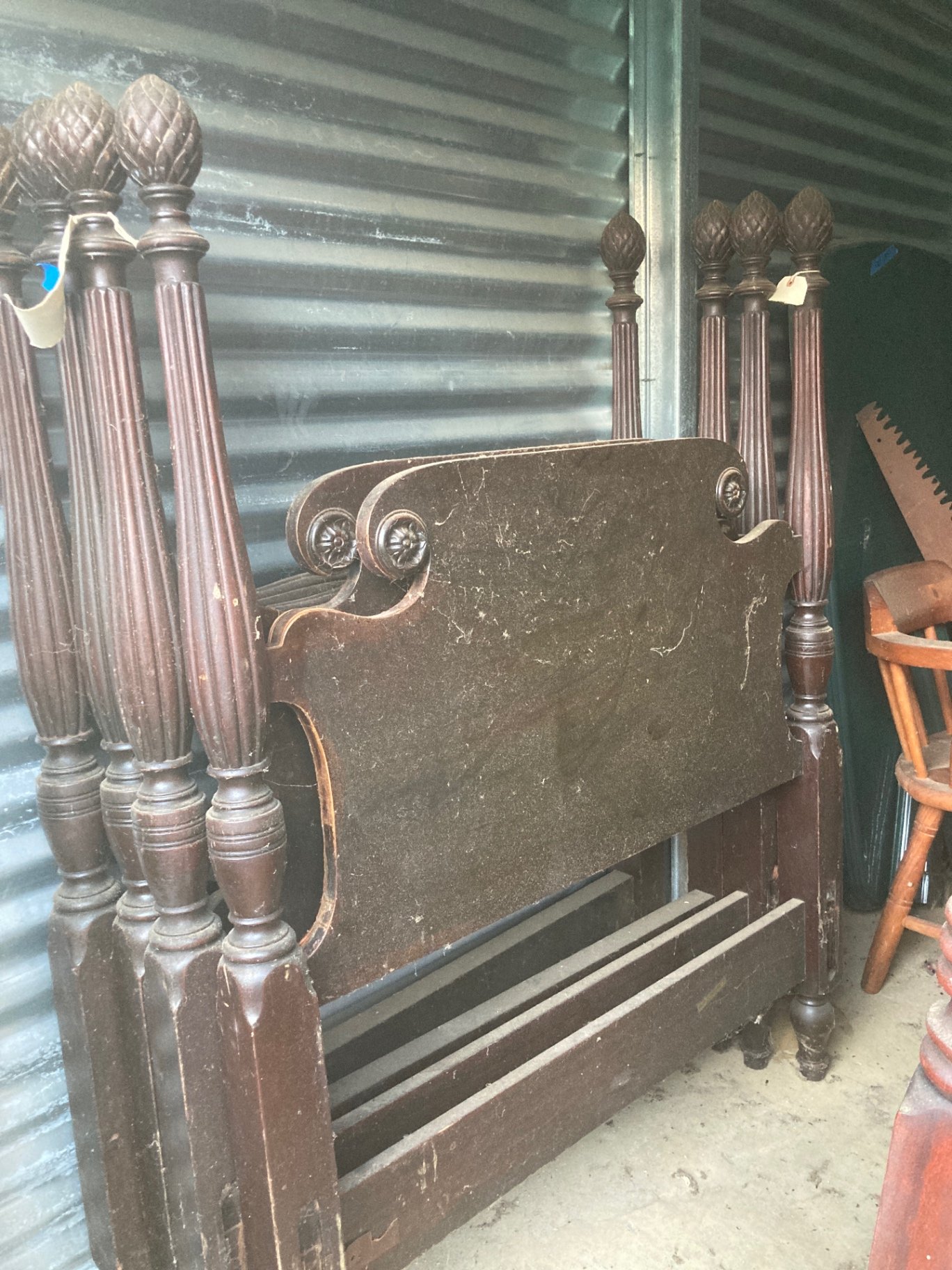 Set of twin beds brown wooden bed frame with carved posts - image 4 of 4