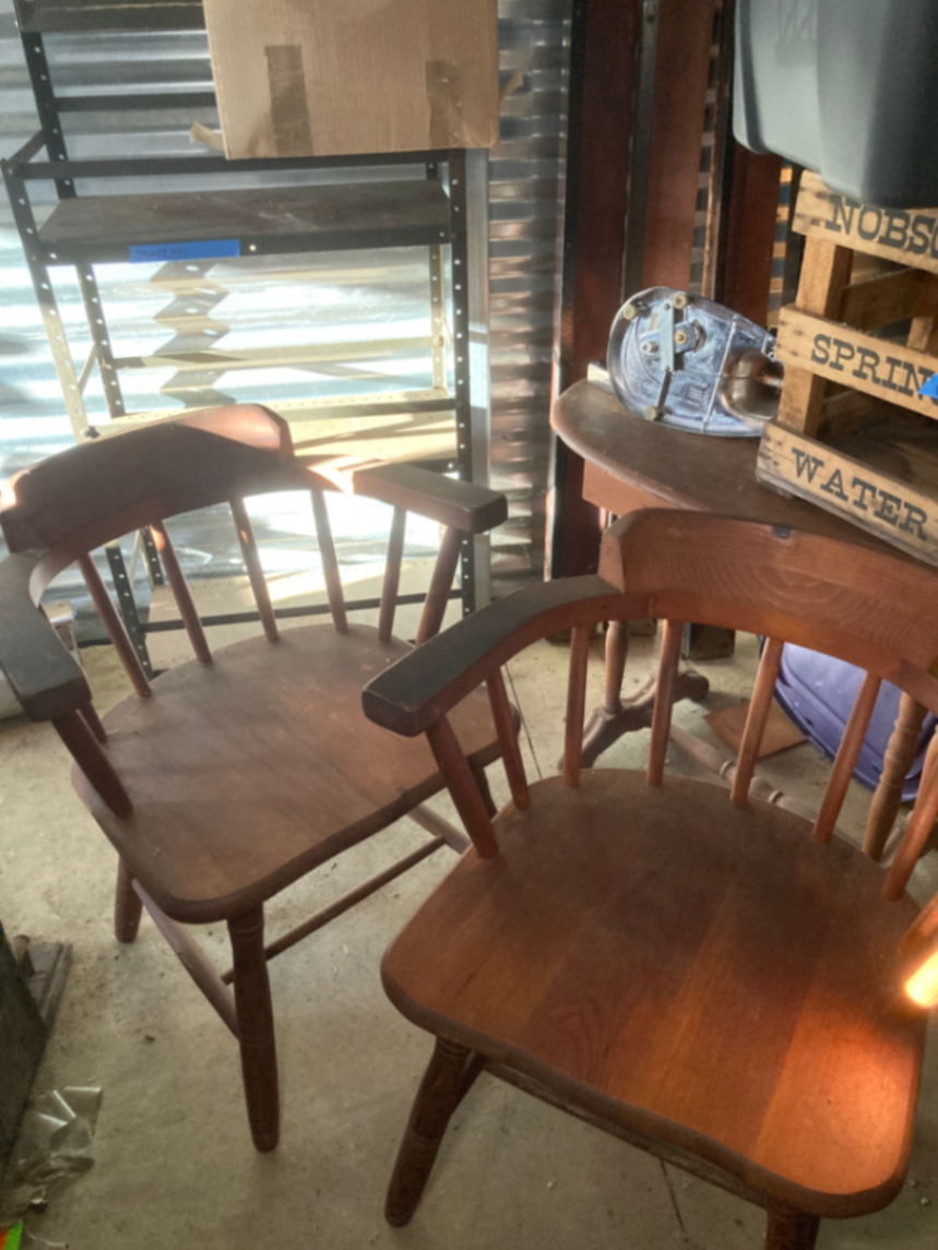 Four total (2 pictured) vintage wooden armchairs and a wooden high chair - image 2 of 4