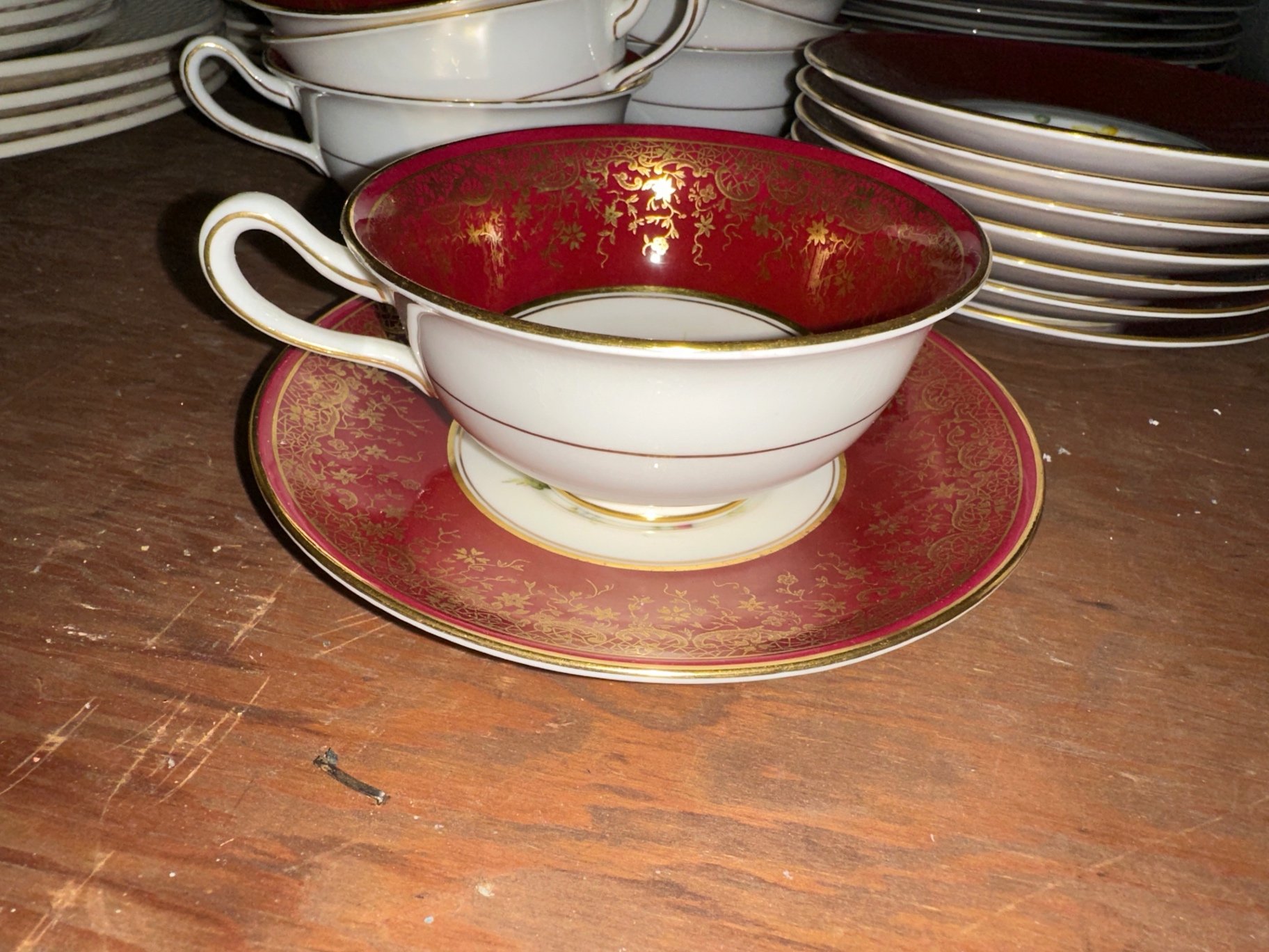 Floral red and gold china teacups and saucers - image 5 of 8