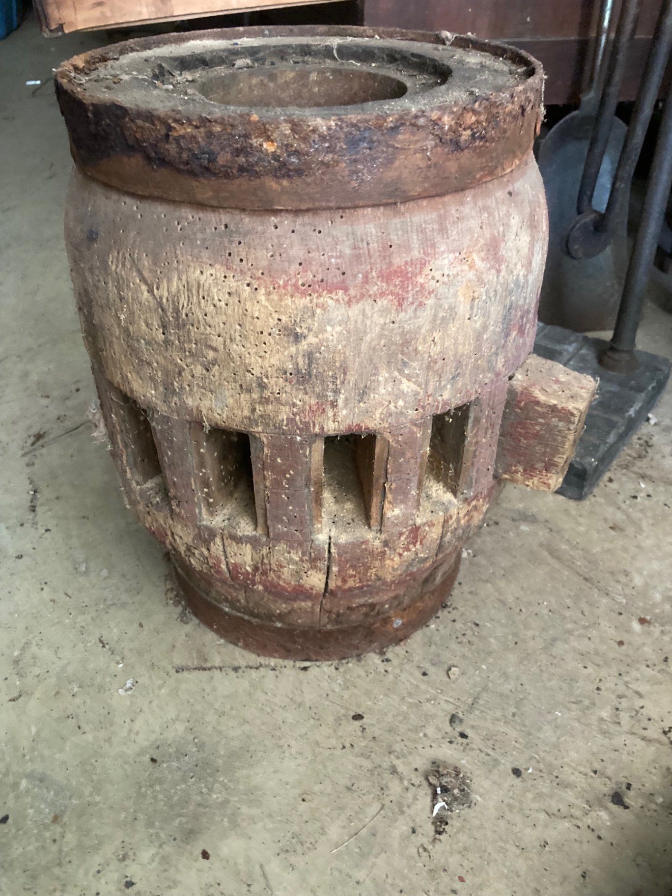 Antique fireplace tools and iron hardware with wooden container - image 3 of 10