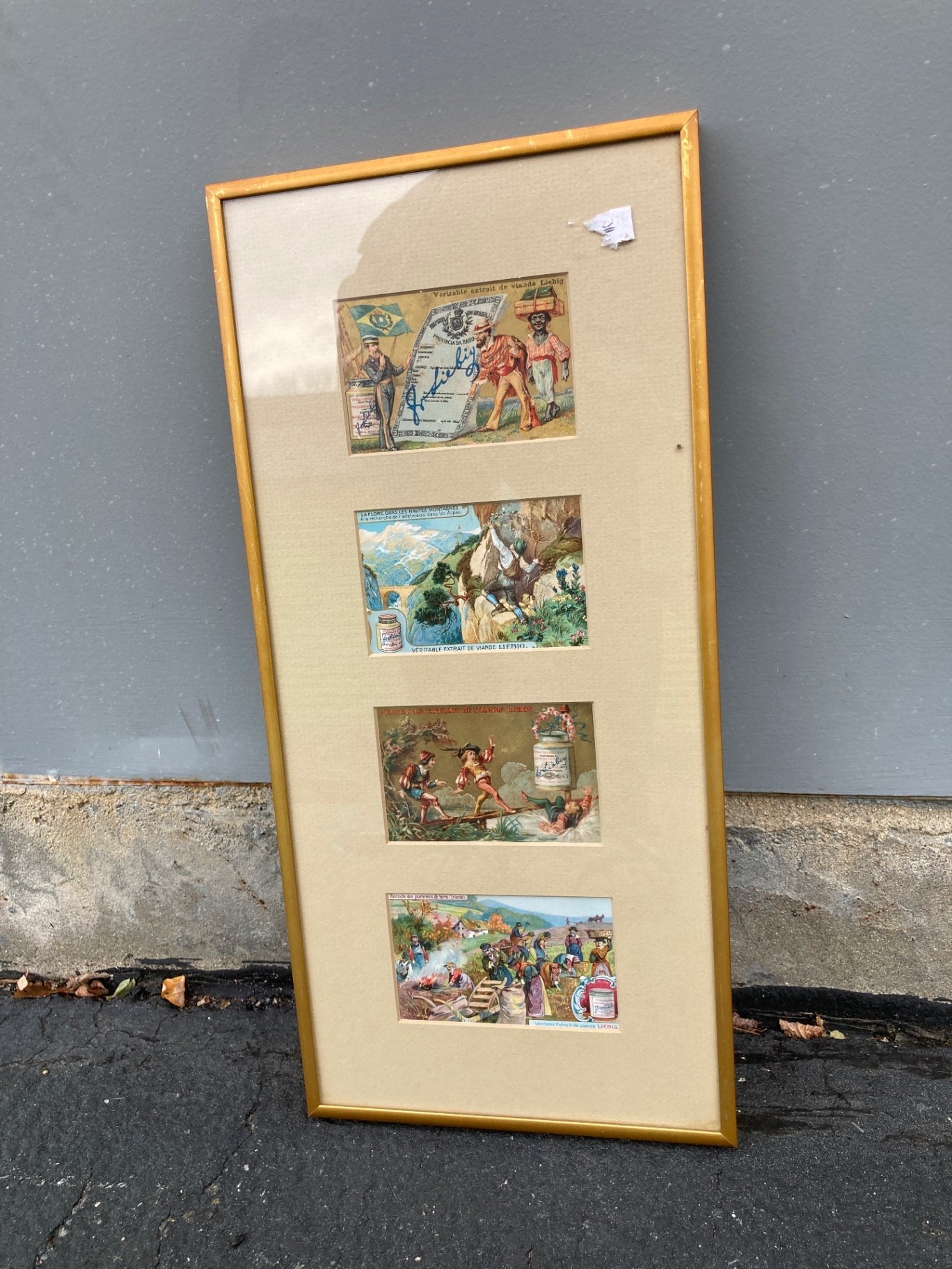 Framed vintage Liebig meat-extract advertisement prints with brass relief plaques - image 2 of 9