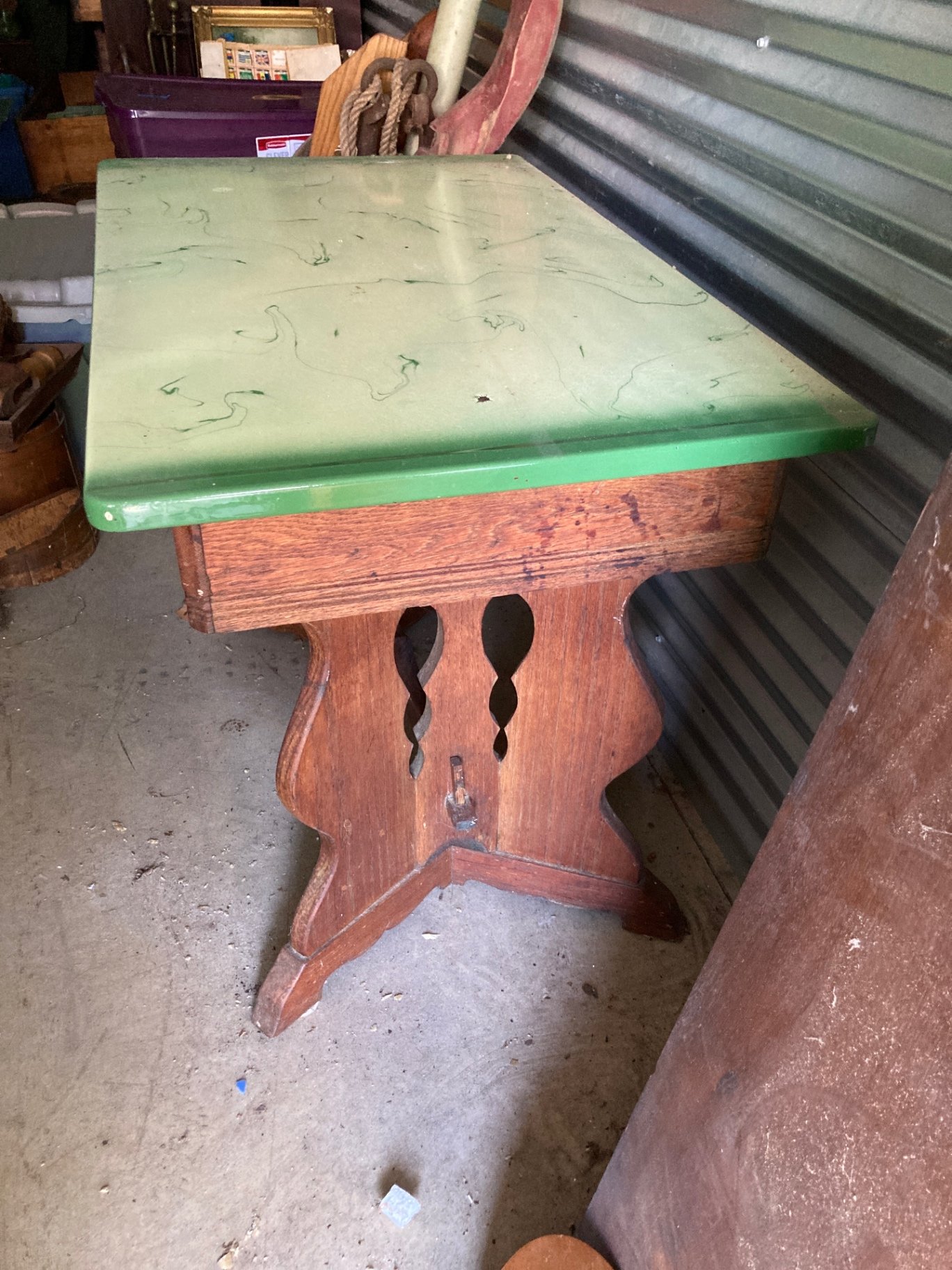 Vintage drop-leaf dining table with green laminated top and carved pedestal base - image 2 of 7