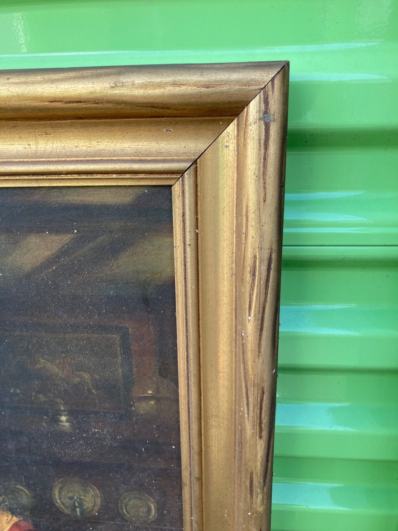 Framed oil painting of three men at a dining table - image 2 of 8