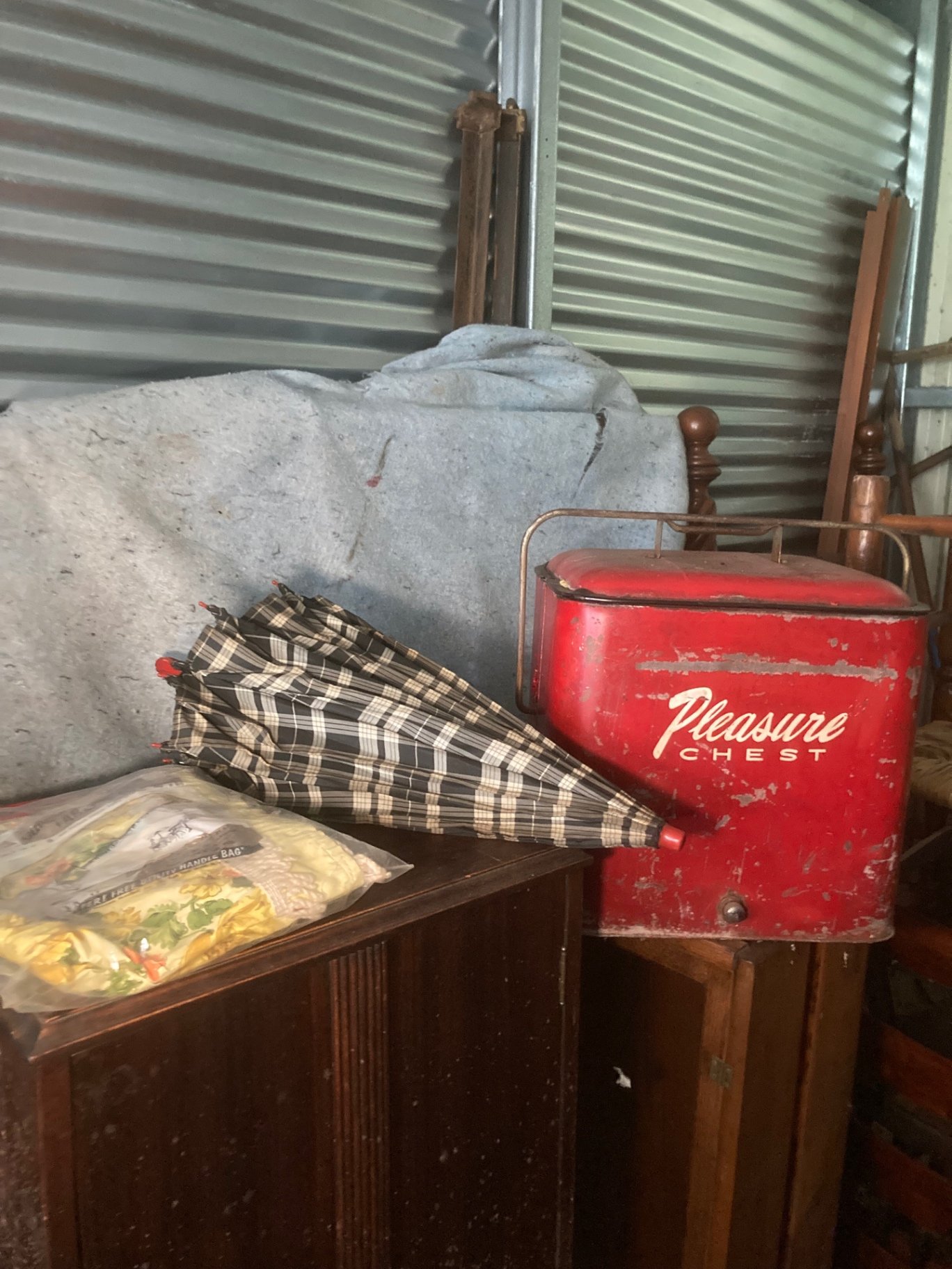 Vintage red Pleasure Chest, plaid umbrella, and floral table cover assortment - image 13 of 13