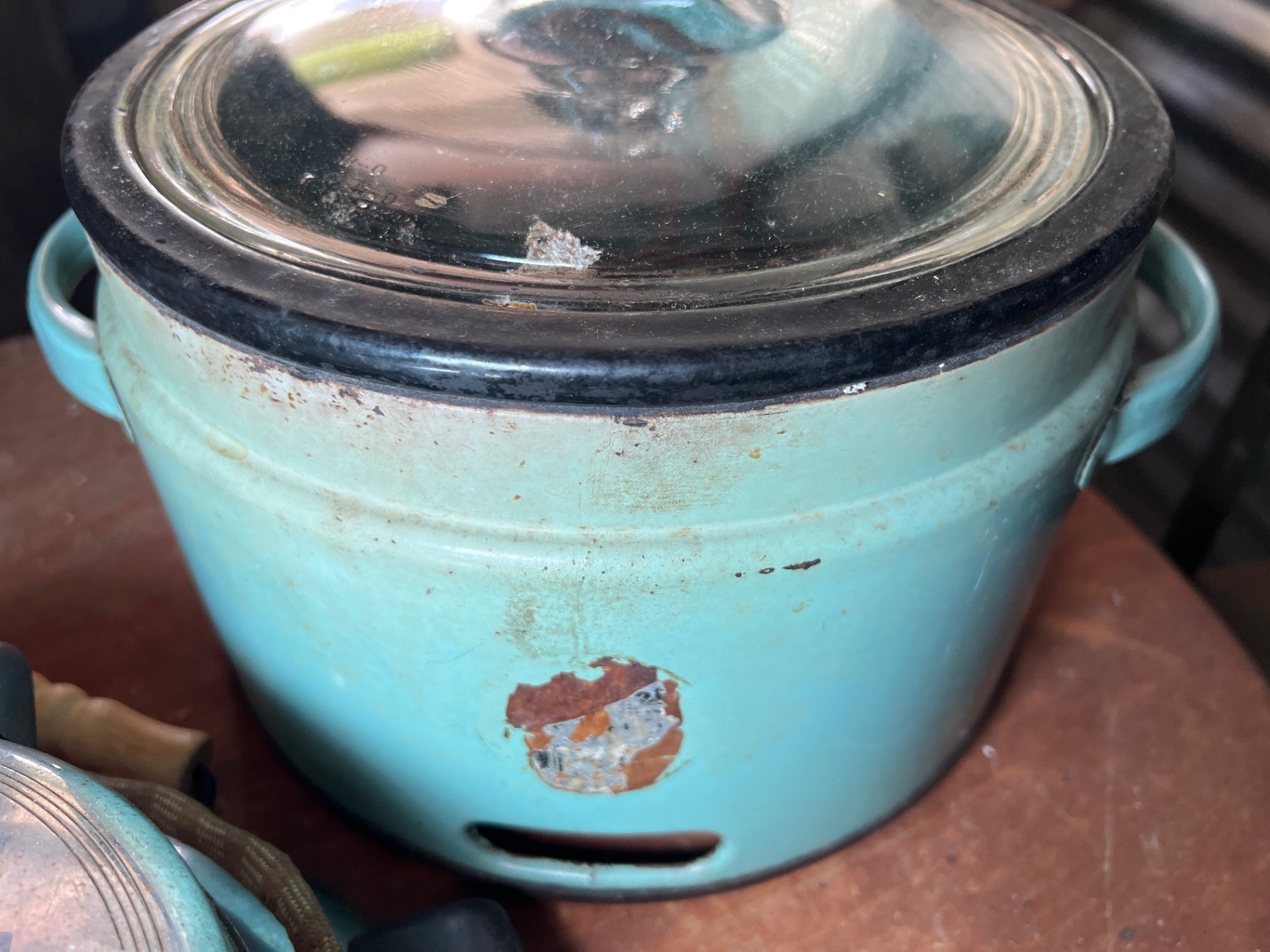Vintage electric double-burner stove with enamel pots and accessories - image 1 of 4