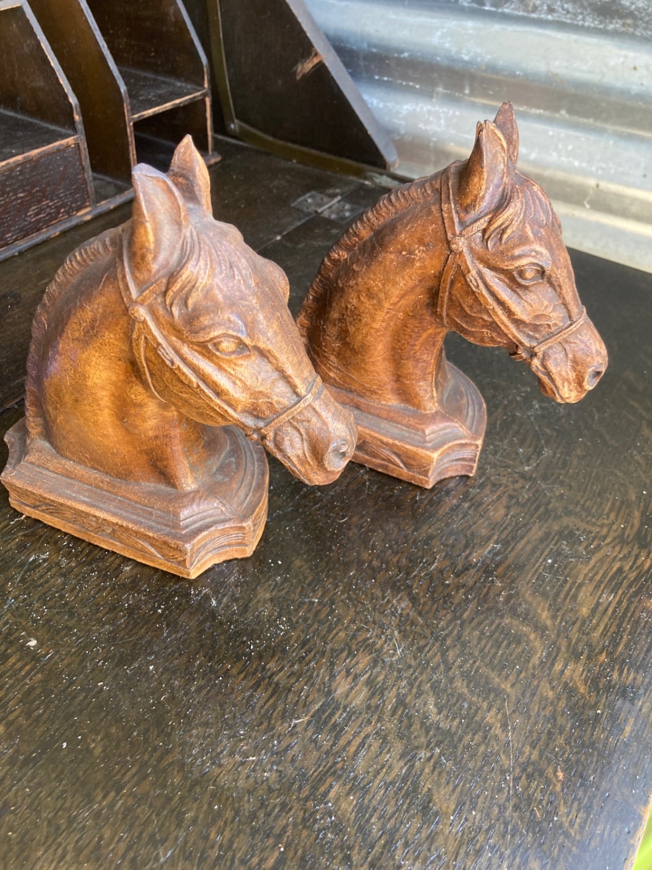 Vintage wooden workshop items and horse-head bookends - image 2 of 13