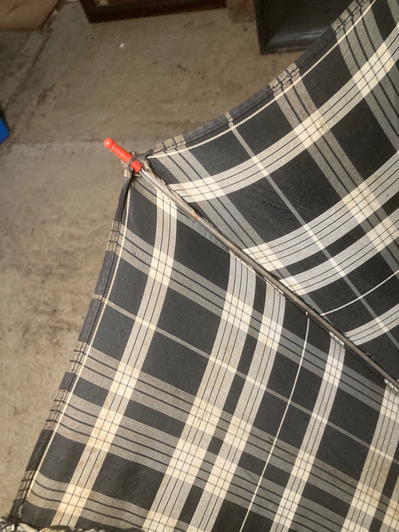 Vintage red Pleasure Chest, plaid umbrella, and floral table cover assortment - image 12 of 13