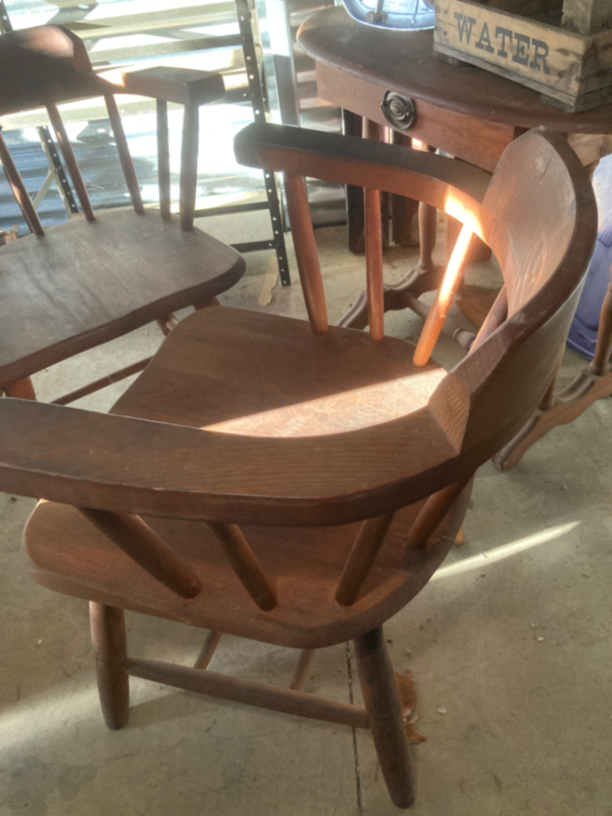 Four total (2 pictured) vintage wooden armchairs and a wooden high chair - image 3 of 4