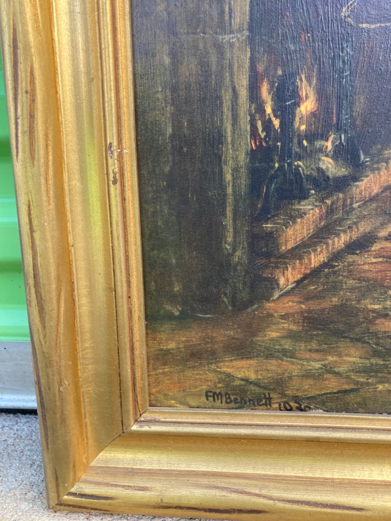 Framed oil painting of three men at a dining table - image 4 of 8