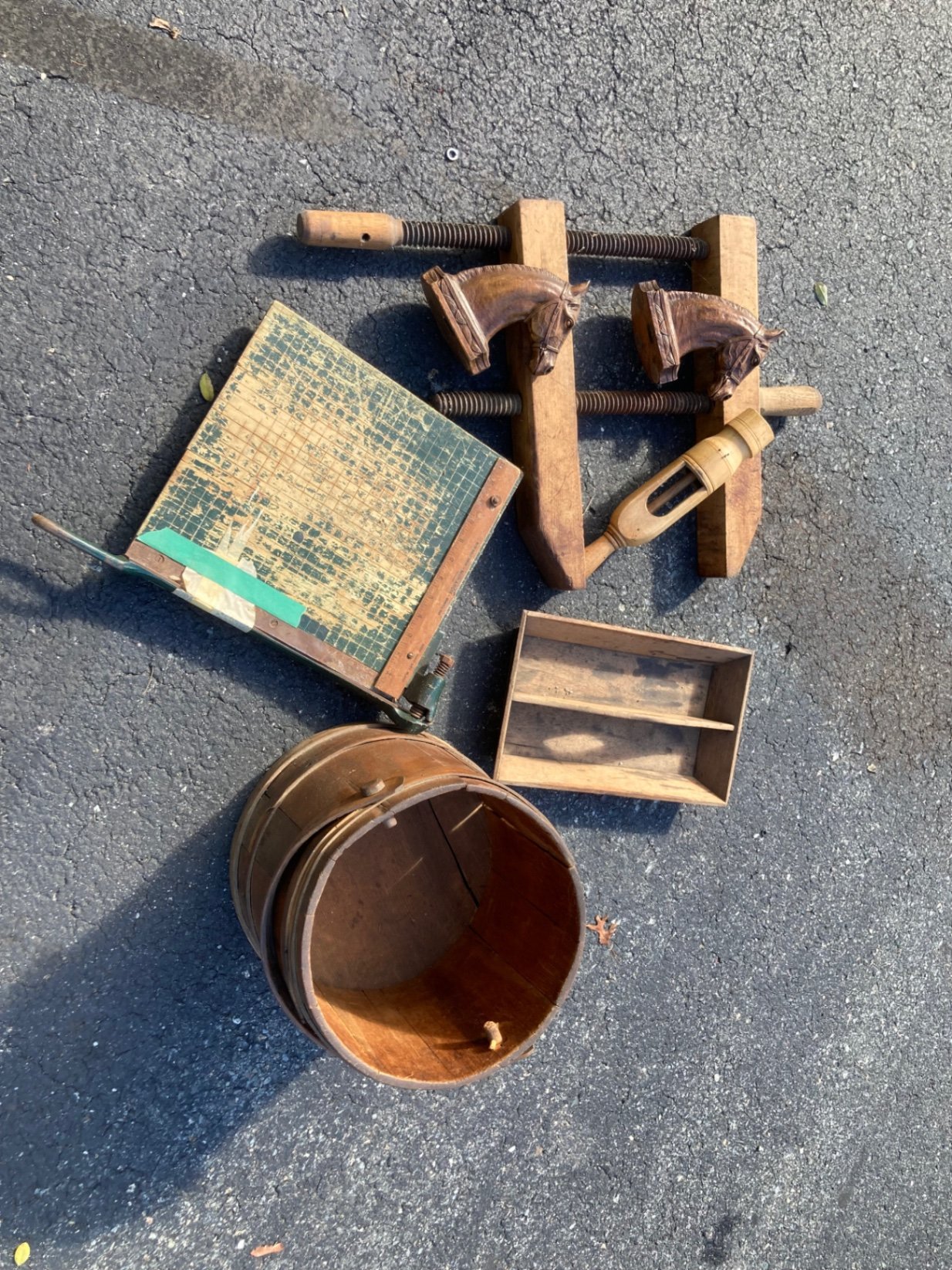 Vintage wooden workshop items and horse-head bookends - image 1 of 13