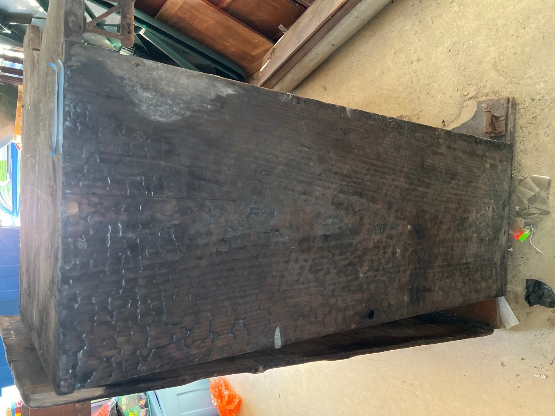 Wooden trunk with rusted metal legs and detached top - image 2 of 8