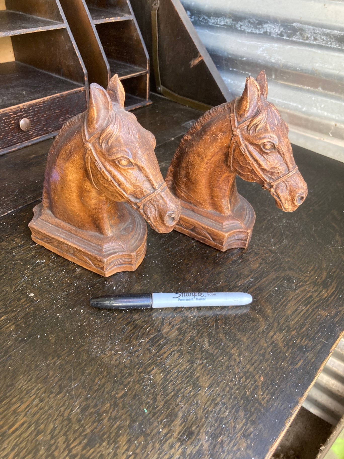 Vintage wooden workshop items and horse-head bookends - image 7 of 13
