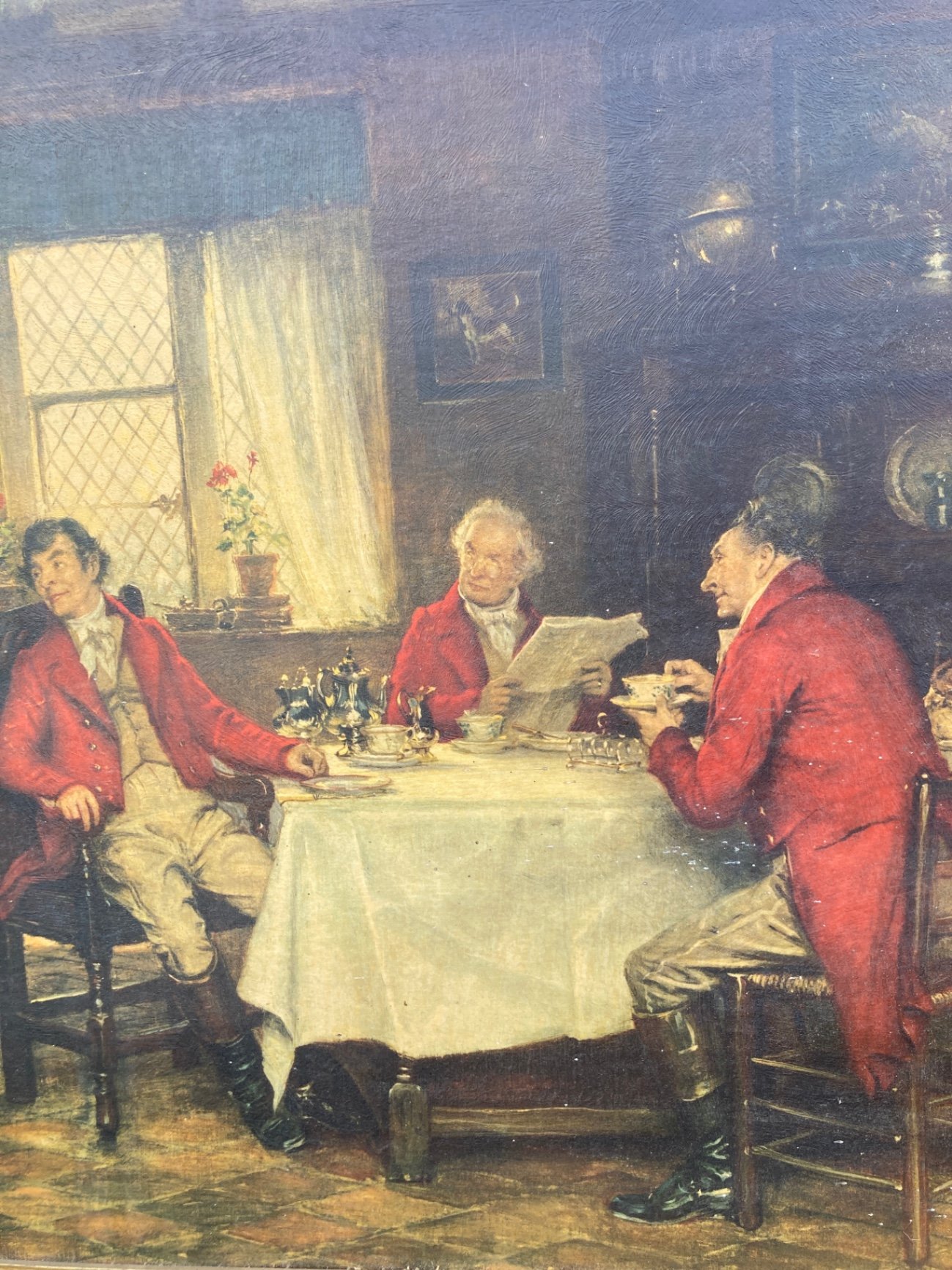 Framed oil painting of three men at a dining table - image 3 of 8
