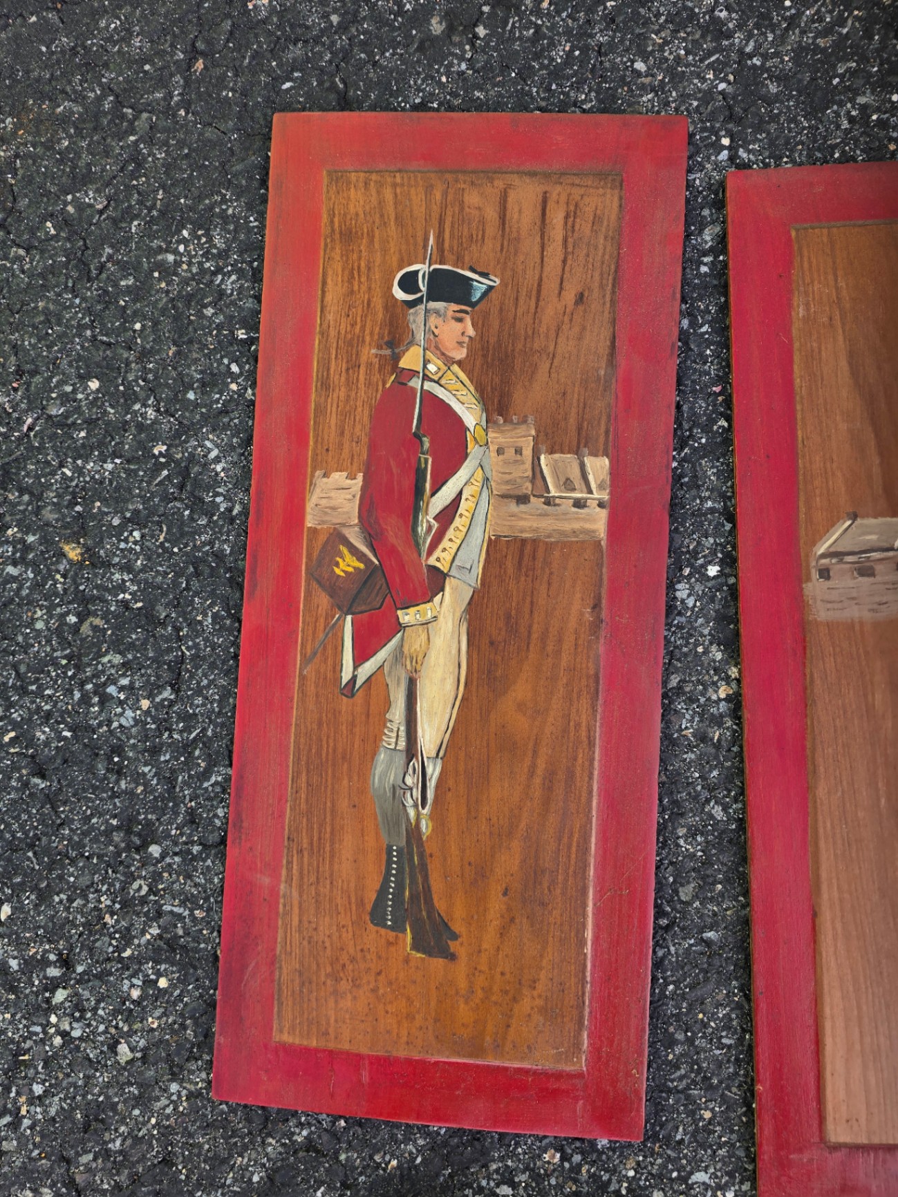 Four wooden panels with 18th‑century soldier illustrations - image 2 of 12