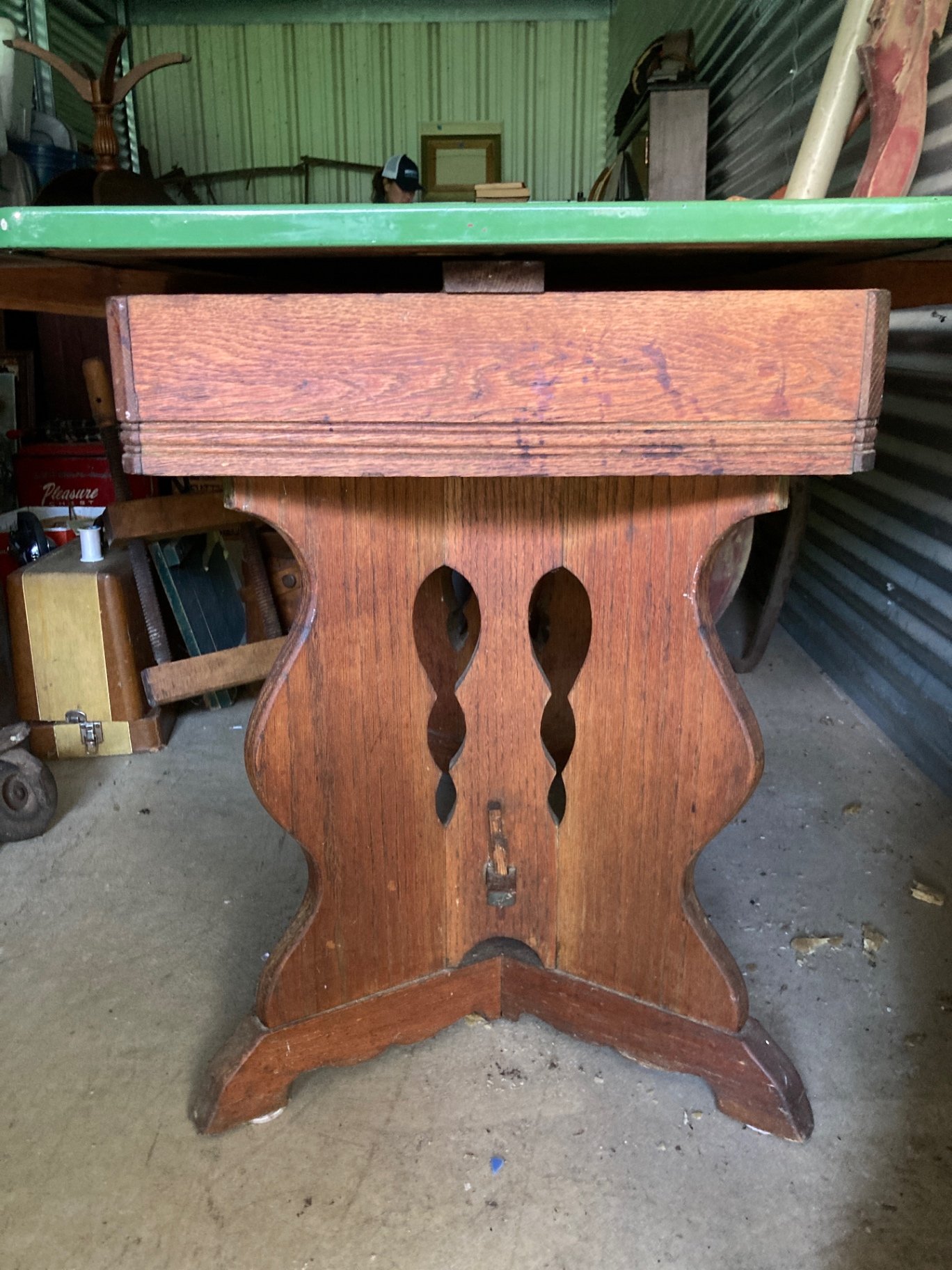 Vintage drop-leaf dining table with green laminated top and carved pedestal base - image 1 of 7