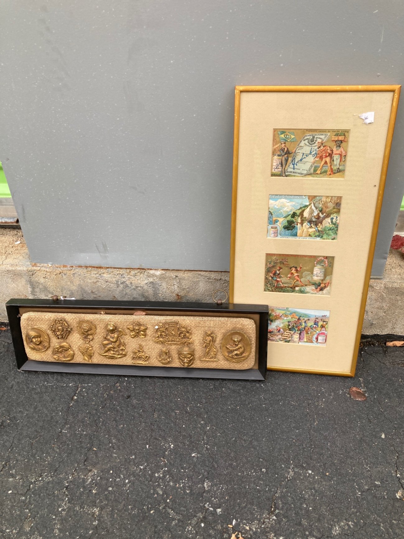 Framed vintage Liebig meat-extract advertisement prints with brass relief plaques - image 1 of 9