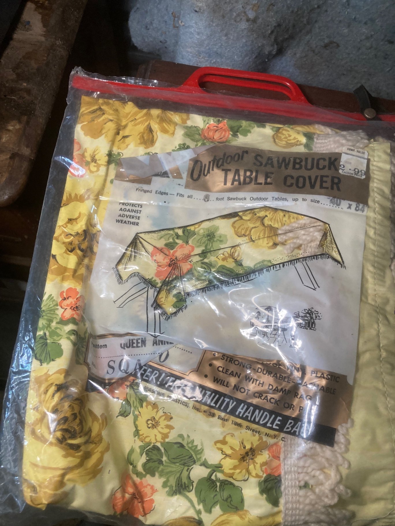 Vintage red Pleasure Chest, plaid umbrella, and floral table cover assortment - image 1 of 13
