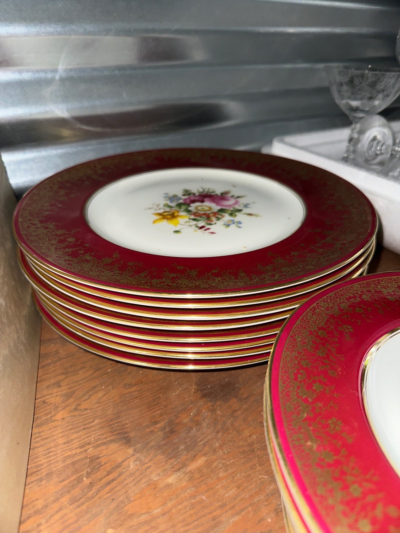 Floral red and gold china teacups and saucers - image 3 of 8