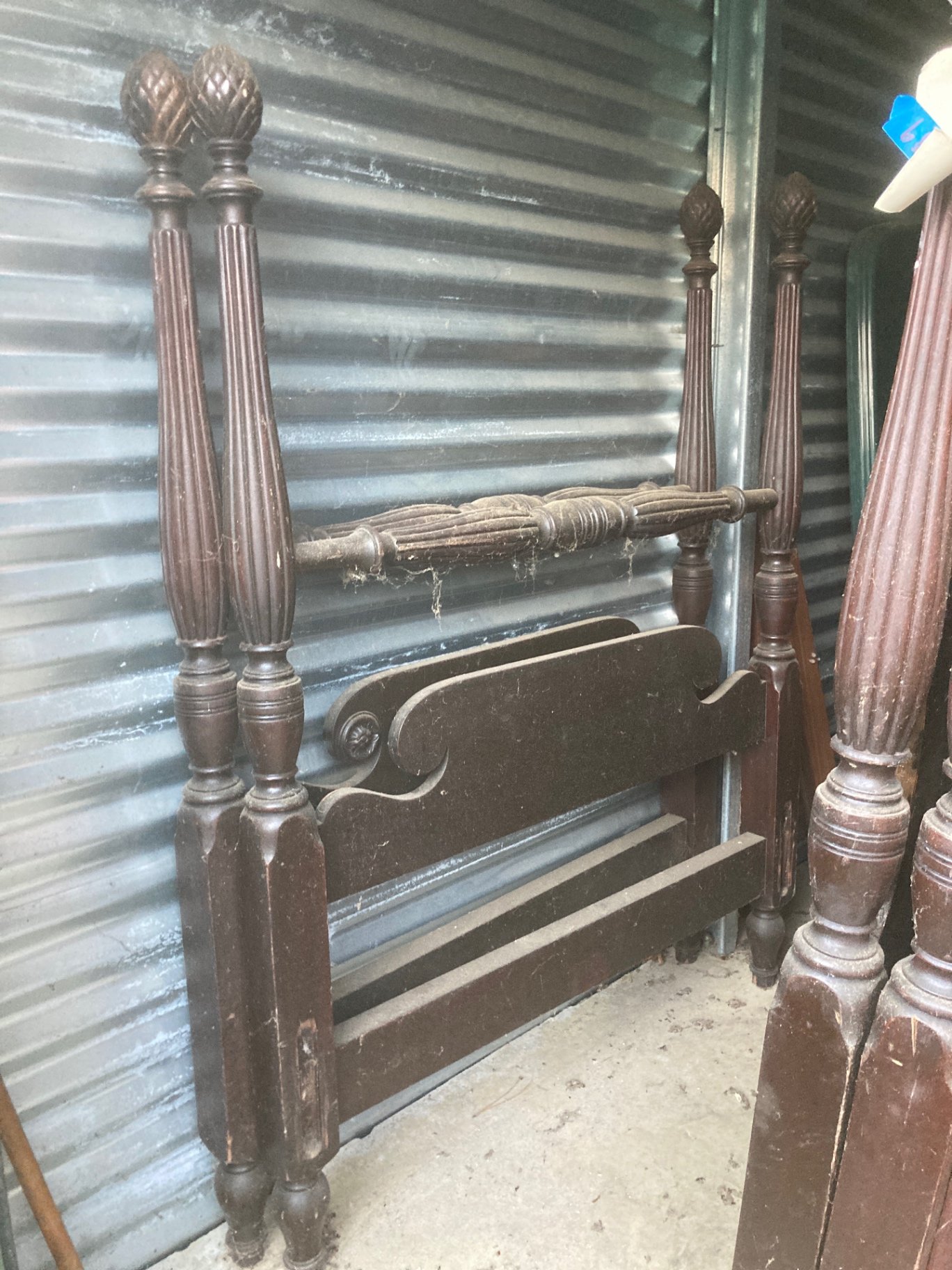 Set of twin beds brown wooden bed frame with carved posts - image 2 of 4