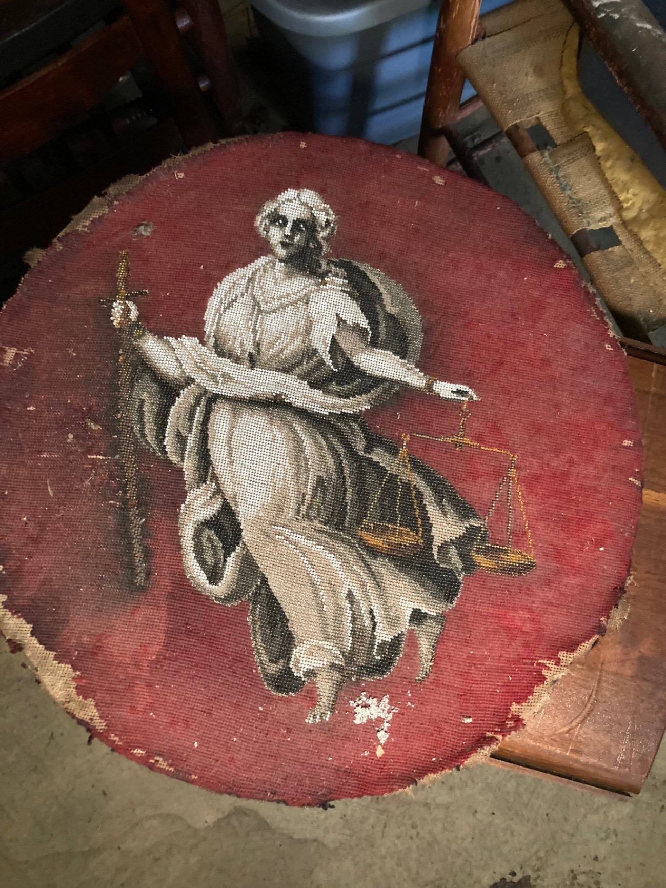 Round pedestal table, wicker barrel hamper, and circular justice-themed rug - image 12 of 14