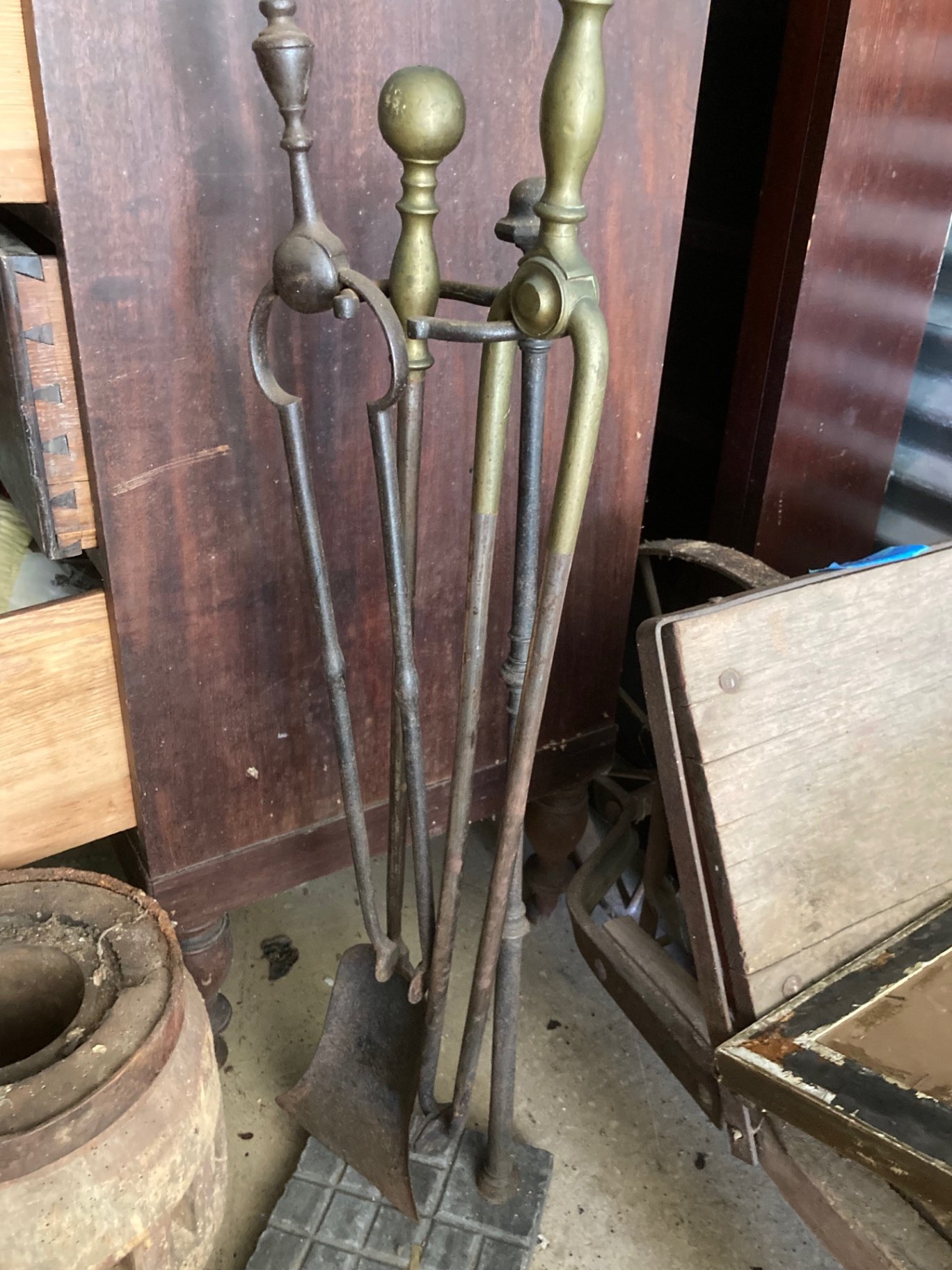 Antique fireplace tools and iron hardware with wooden container - image 2 of 10