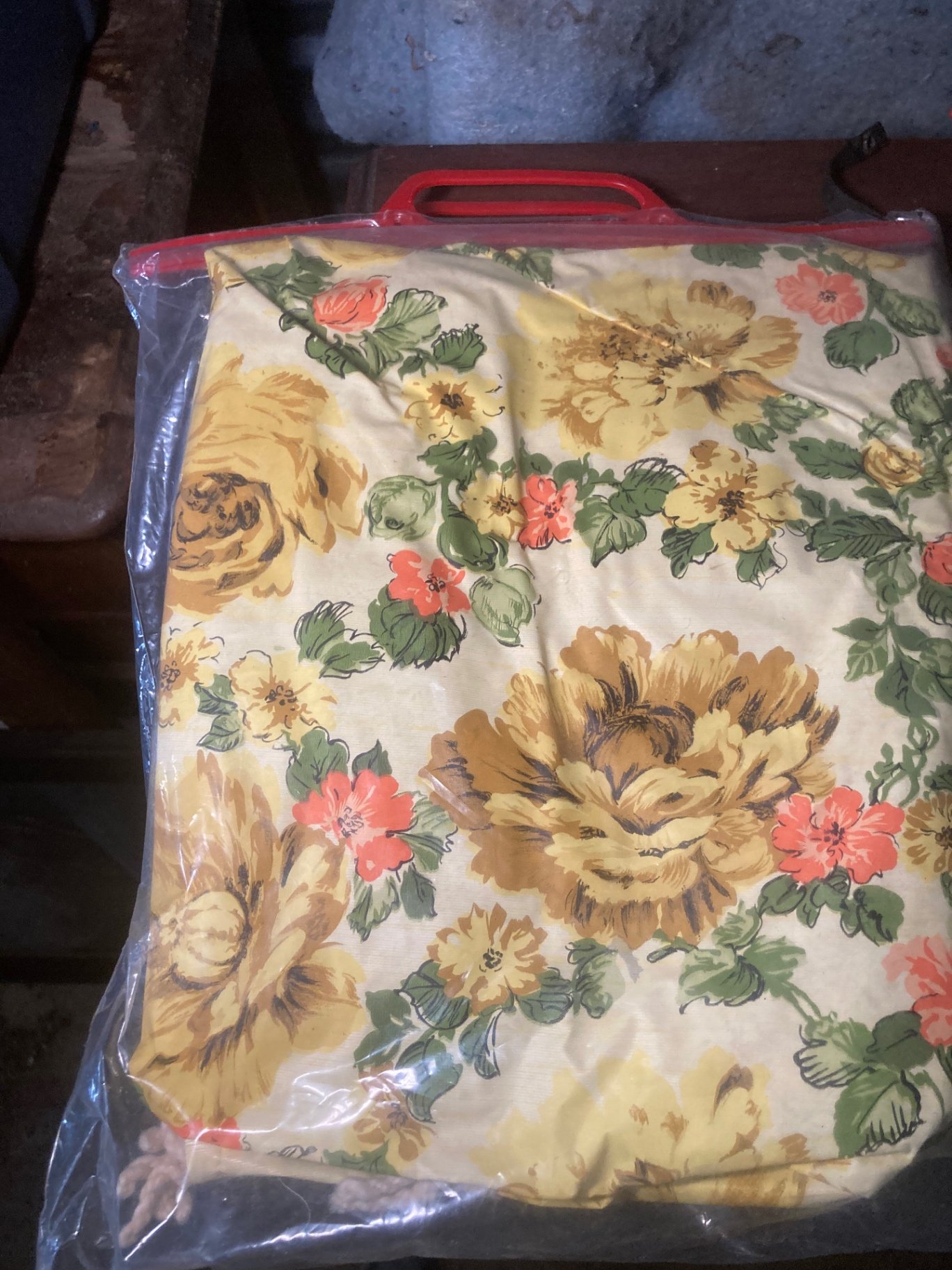 Vintage red Pleasure Chest, plaid umbrella, and floral table cover assortment - image 2 of 13