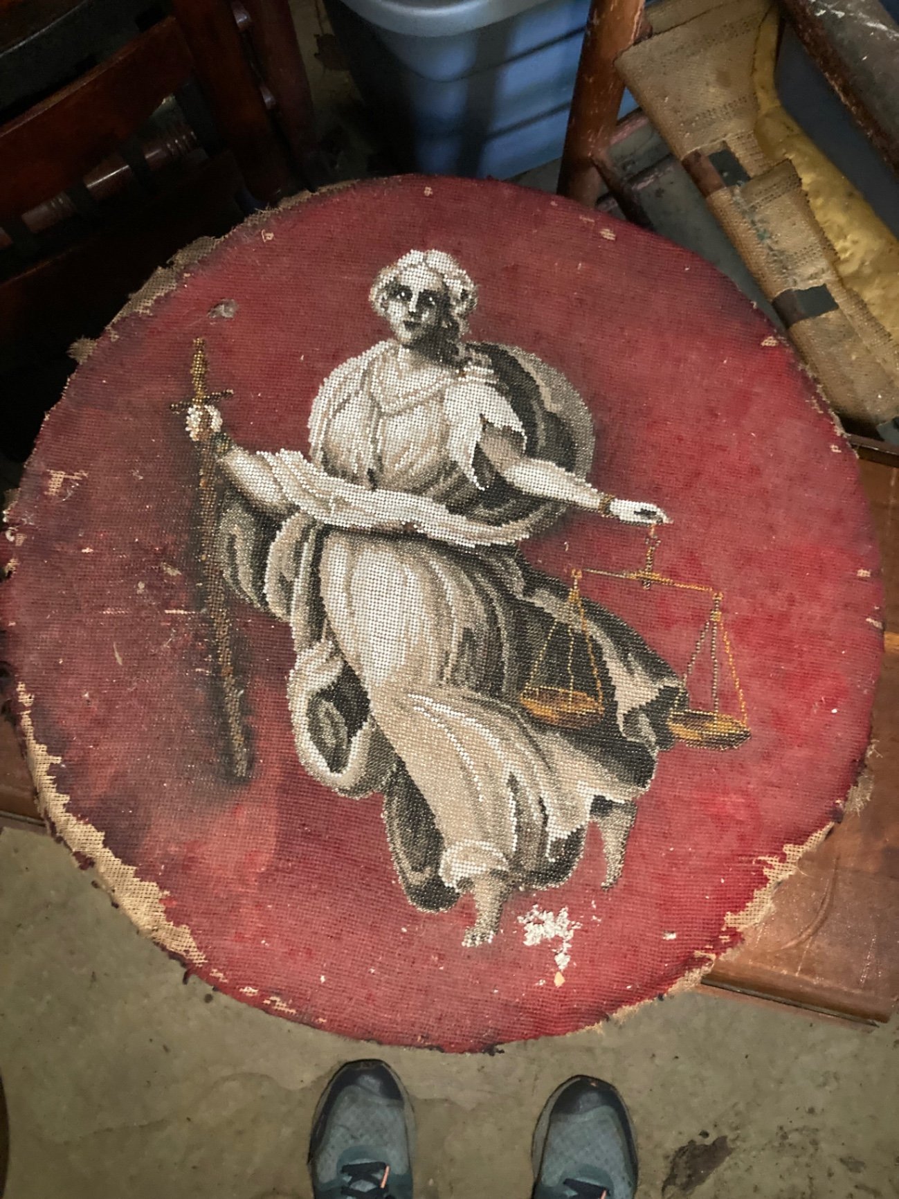 Round pedestal table, wicker barrel hamper, and circular justice-themed rug - image 11 of 14