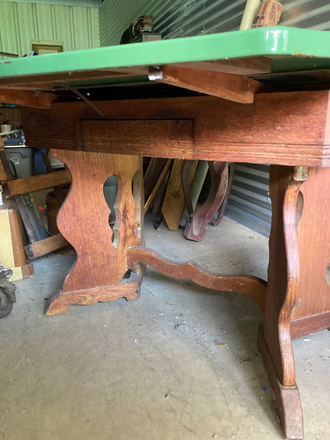 Vintage drop-leaf dining table with green laminated top and carved pedestal base - image 7 of 7