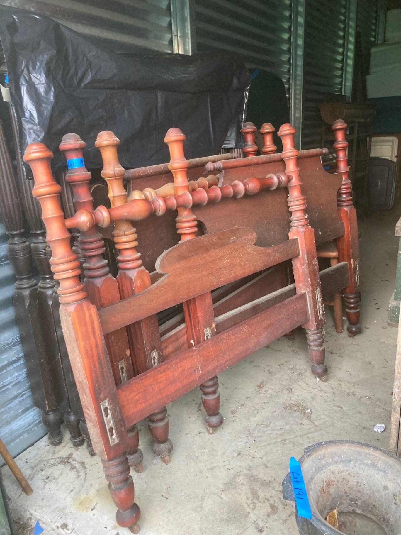 Set of twin, Antique wooden bed frames with turned posts and rails - image 3 of 9