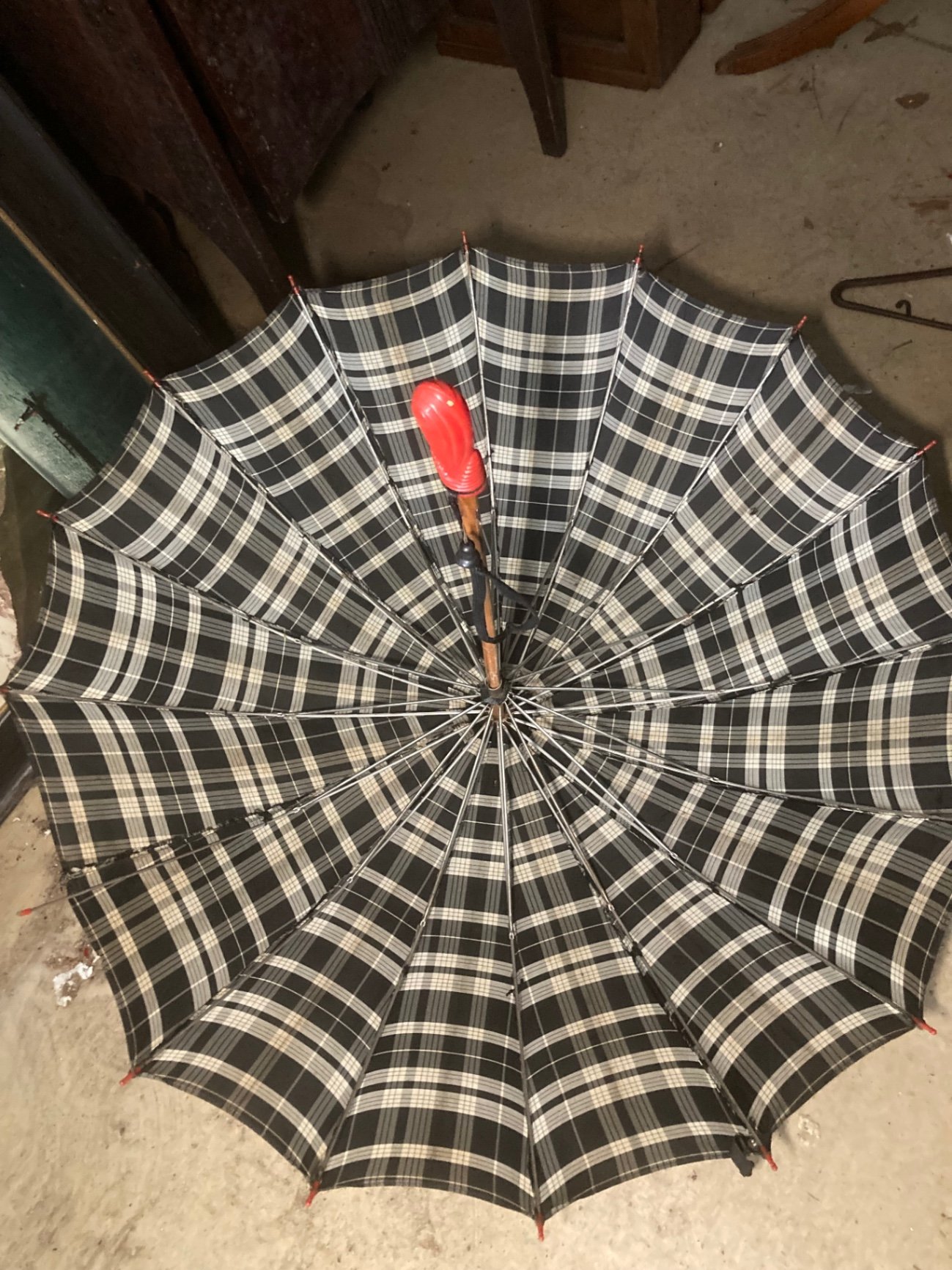 Vintage red Pleasure Chest, plaid umbrella, and floral table cover assortment - image 4 of 13