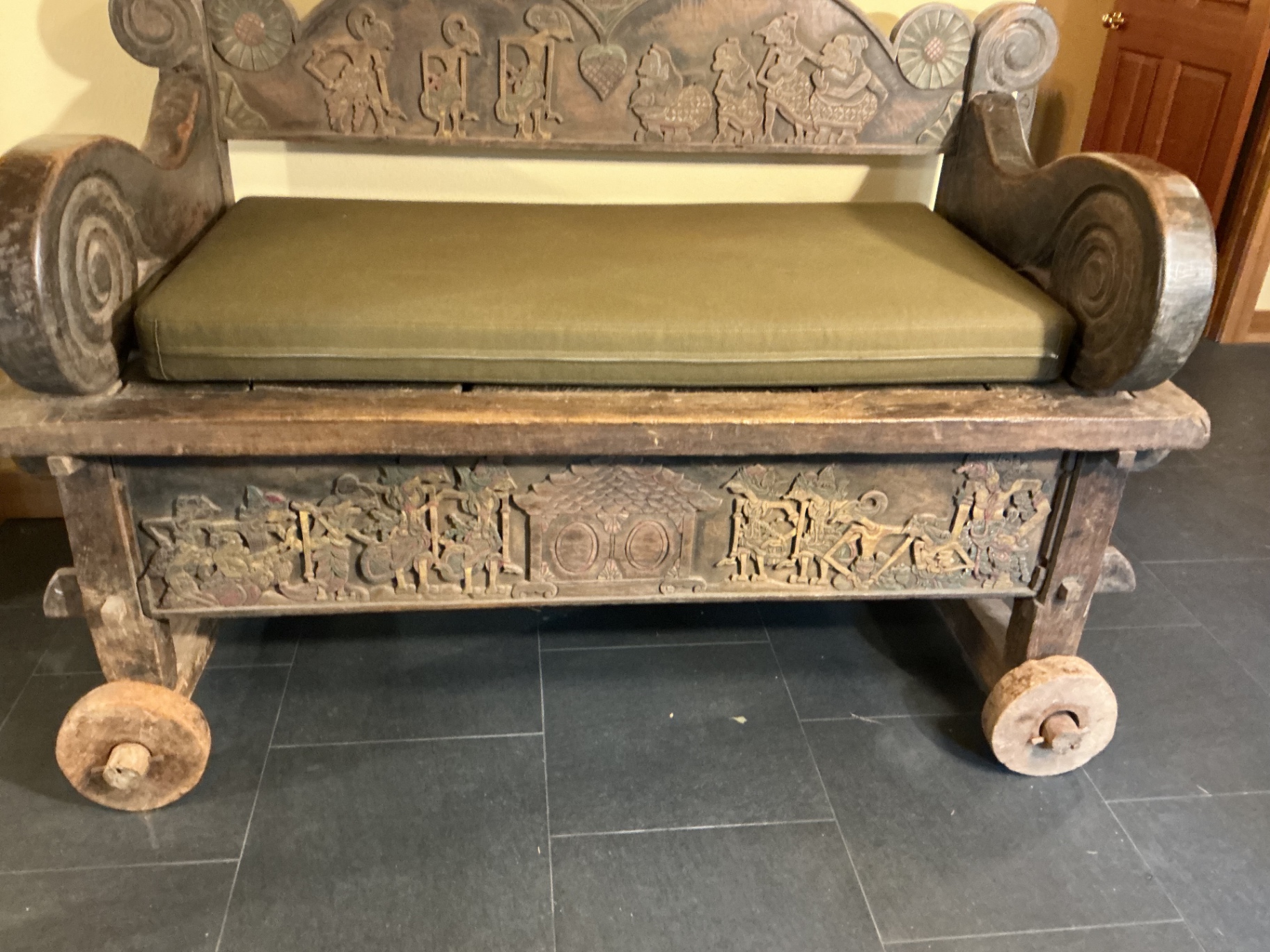 Antique carved wooden settle bench with cushion - image 2 of 11