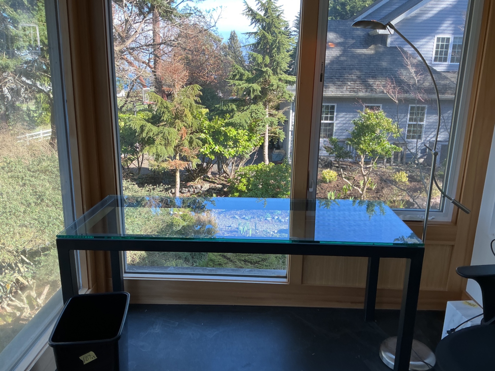 Glass and metal Desk, Floor Lamp, waste basket - image 1 of 6