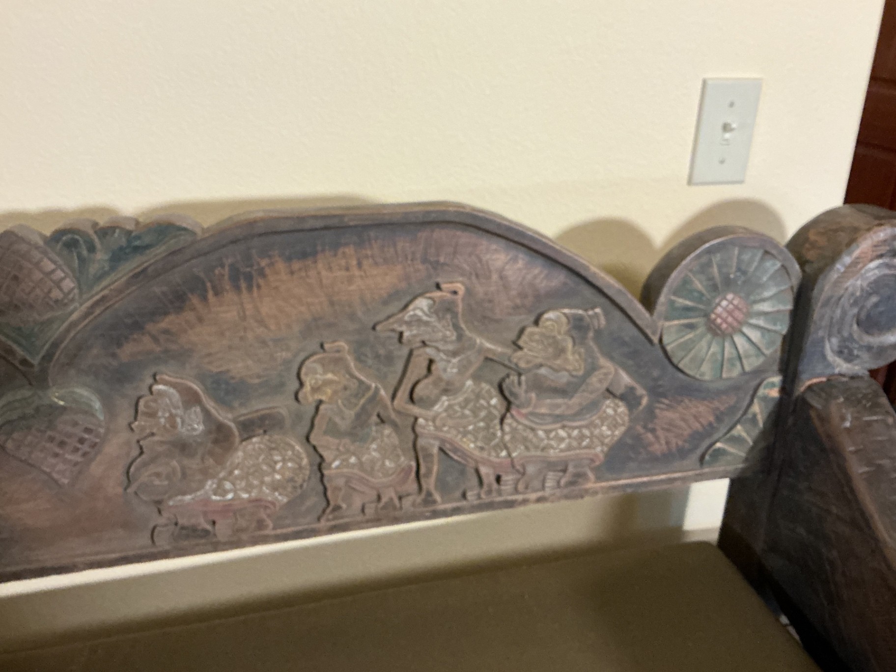 Antique carved wooden settle bench with cushion - image 4 of 11