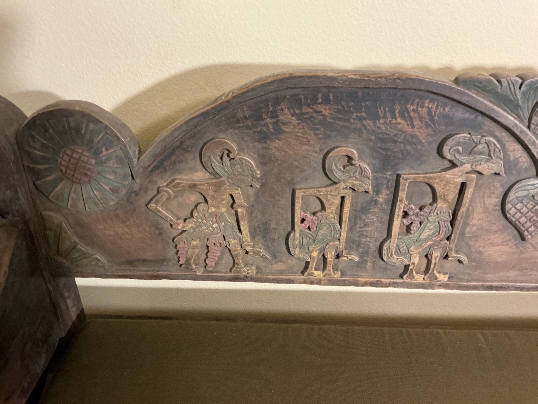 Antique carved wooden settle bench with cushion - image 11 of 11