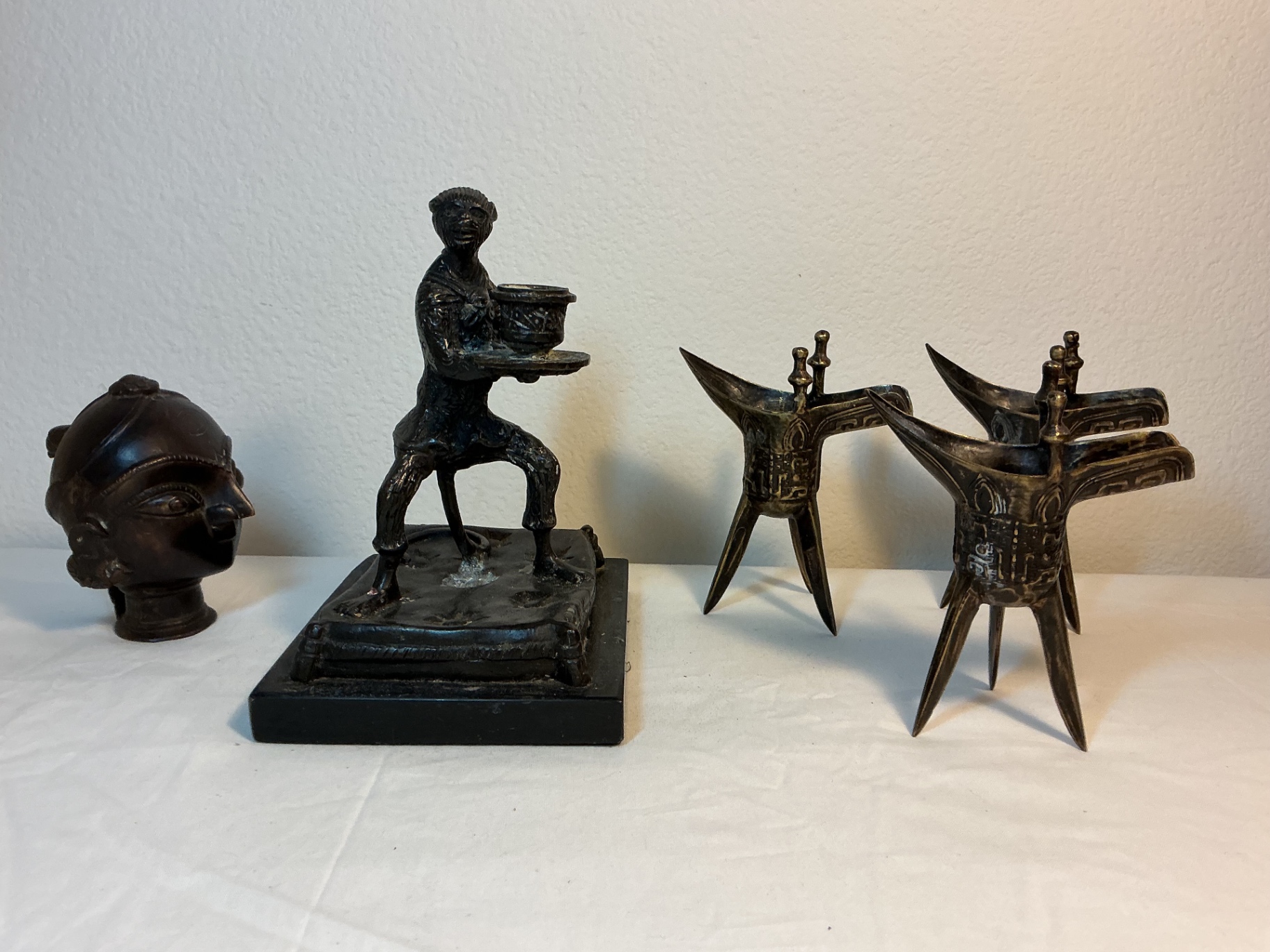 Vintage Bronze Monkey, 3 Antique Chinese Jue, and a carved bust - image 1 of 12