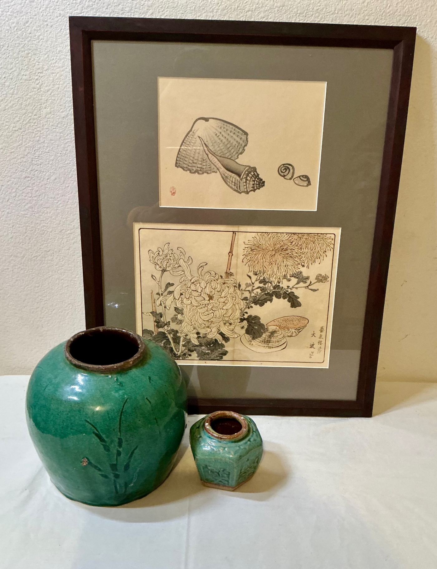Antique Japanese woodblock framed prints and ceramics - image 1 of 15