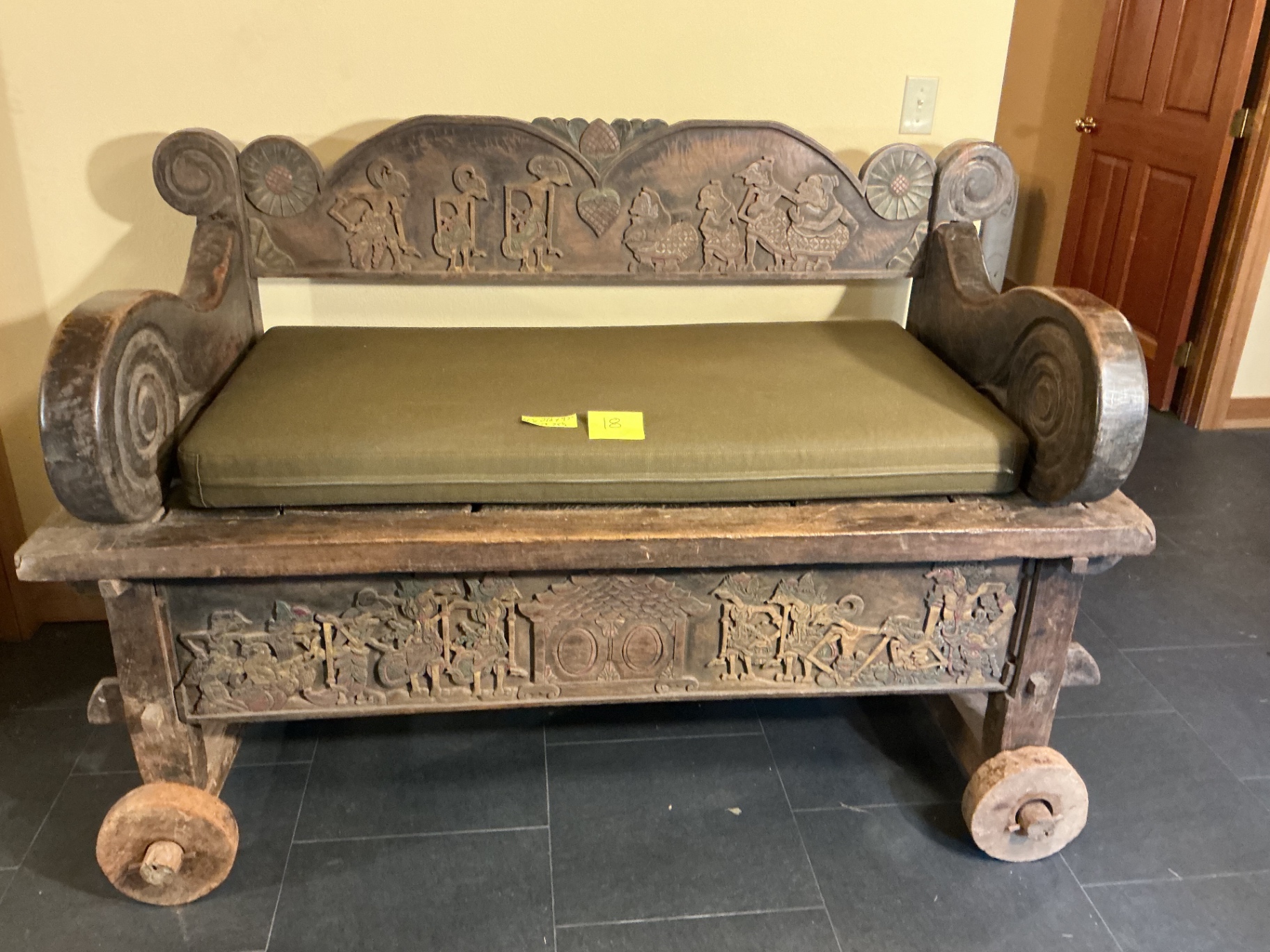 Antique carved wooden settle bench with cushion - image 1 of 11