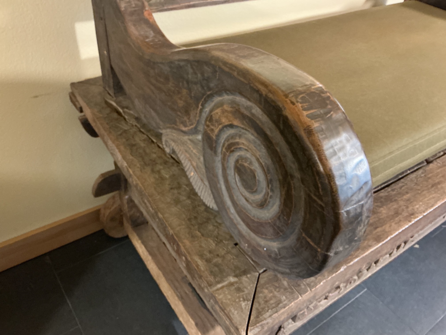 Antique carved wooden settle bench with cushion - image 3 of 11